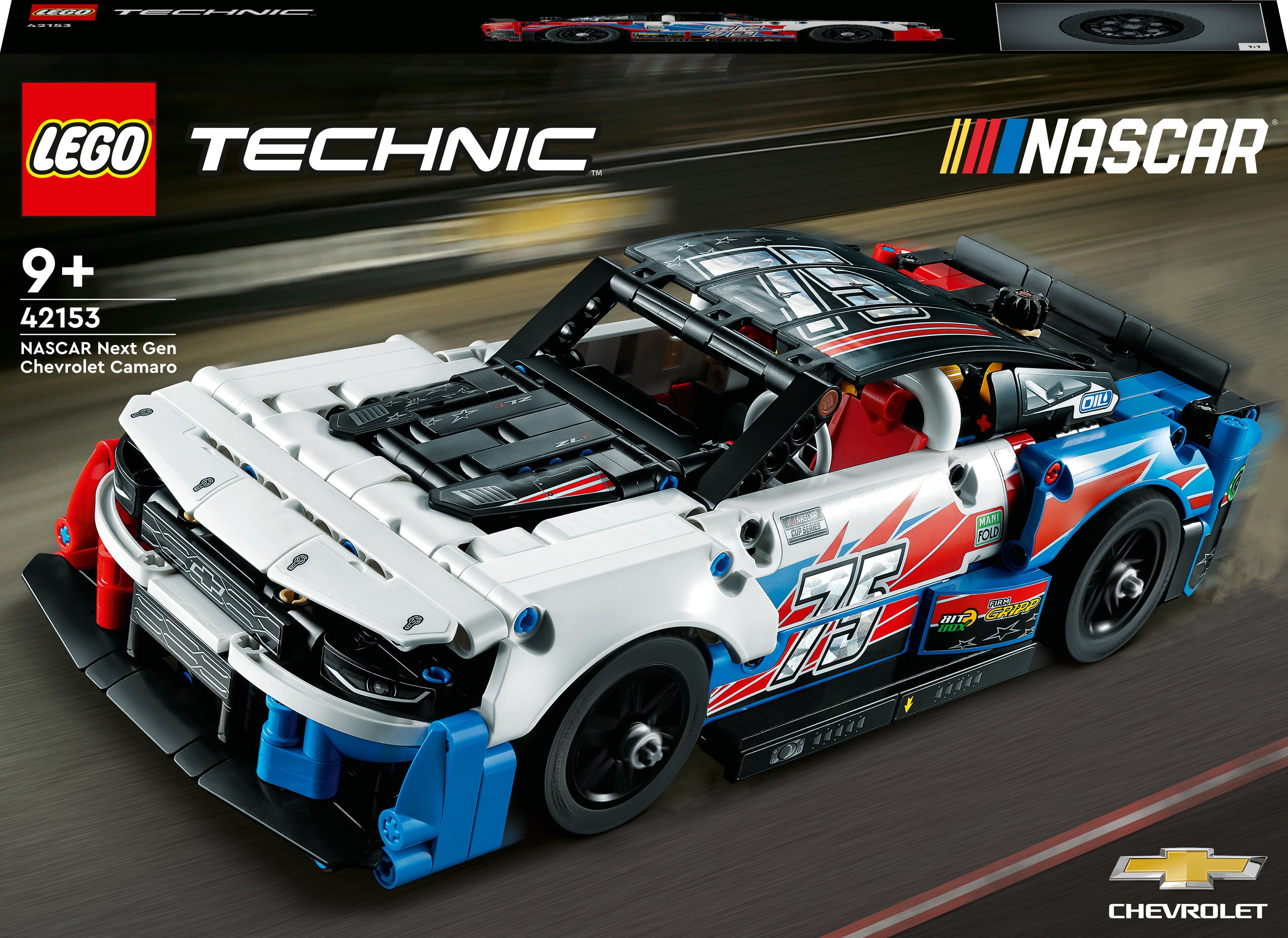 LEGO Technic NASCAR Next Gen Chevrolet Camaro. Een speelgoedauto met rode, witte, blauwe kleuren.