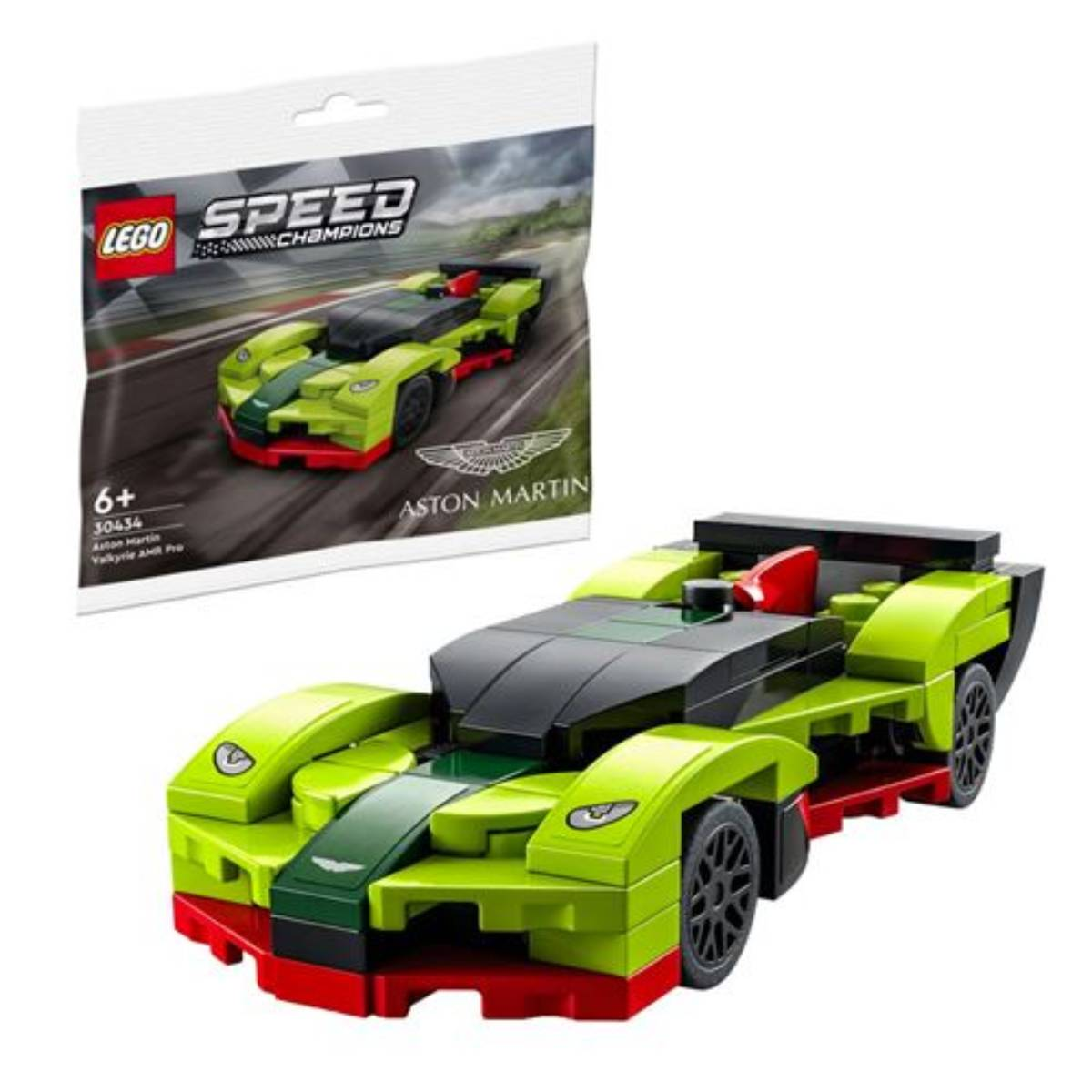 Auto e confezione Lego Aston Martin verdi, neri e rossi. L'auto ha ruote nere.