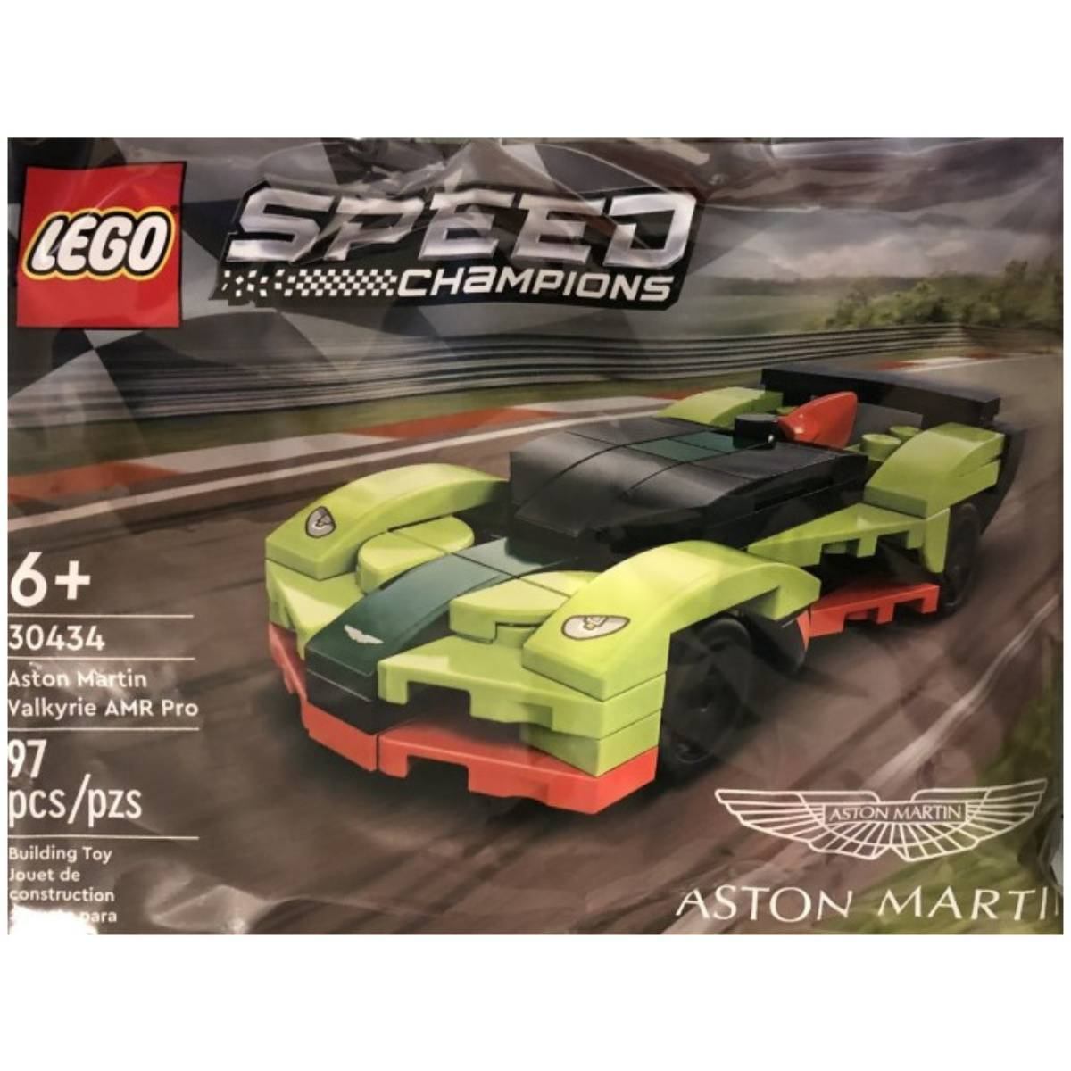Lego Speed Champions Aston Martin Valkyrie AMR Pro. Auto da corsa verde e arancione in confezione di plastica.