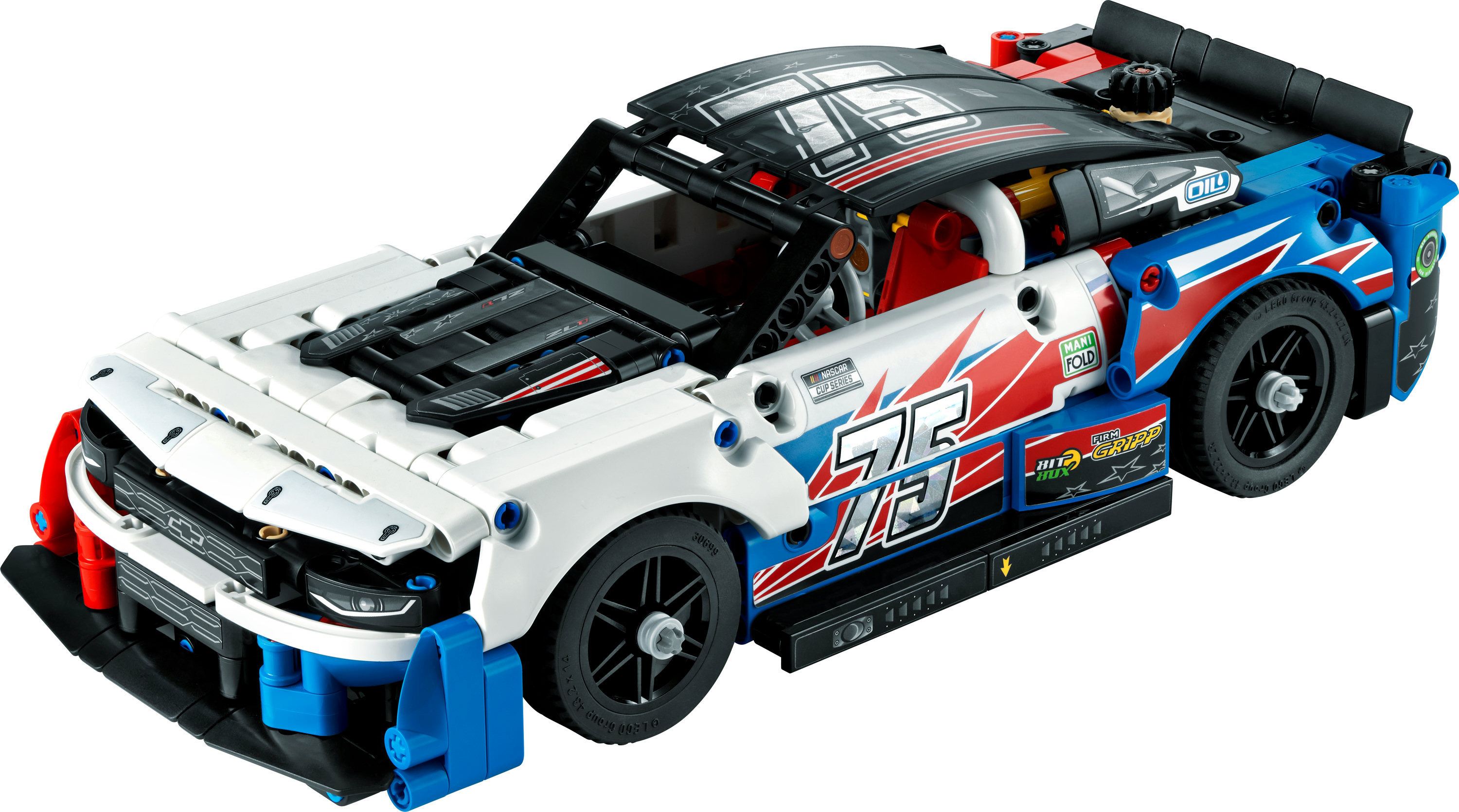 Lego Technic raceauto met witte, blauwe en rode kleuren. Het nummer 75 is zichtbaar.