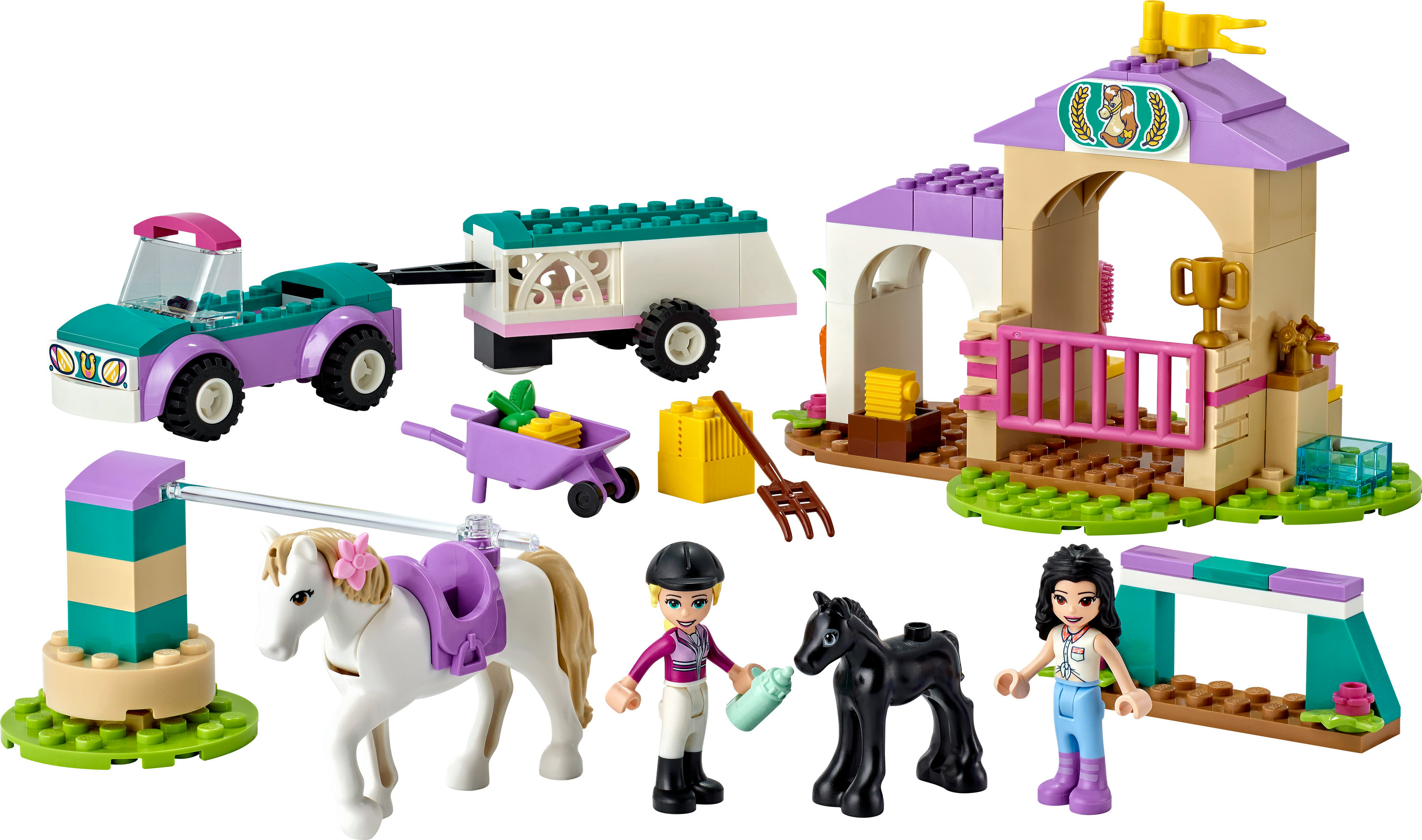 Lego Friends Set mit Anhänger, Auto, Pferd, Figuren und Stall.