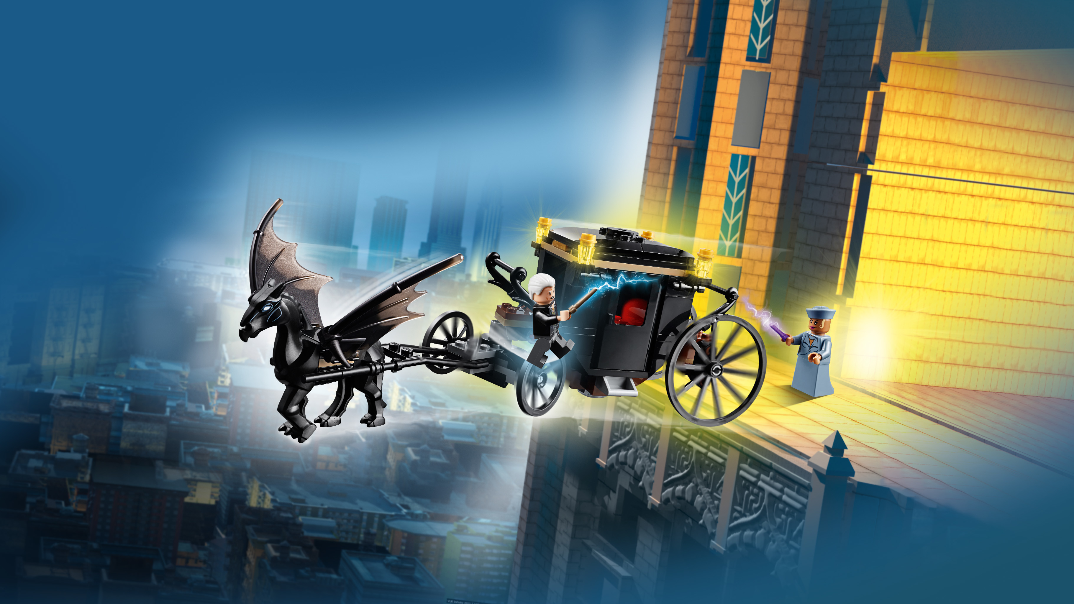 Lego Set mit einer schwarzen Kutsche, gezogen von einem schwarzen geflügelten Pferd.