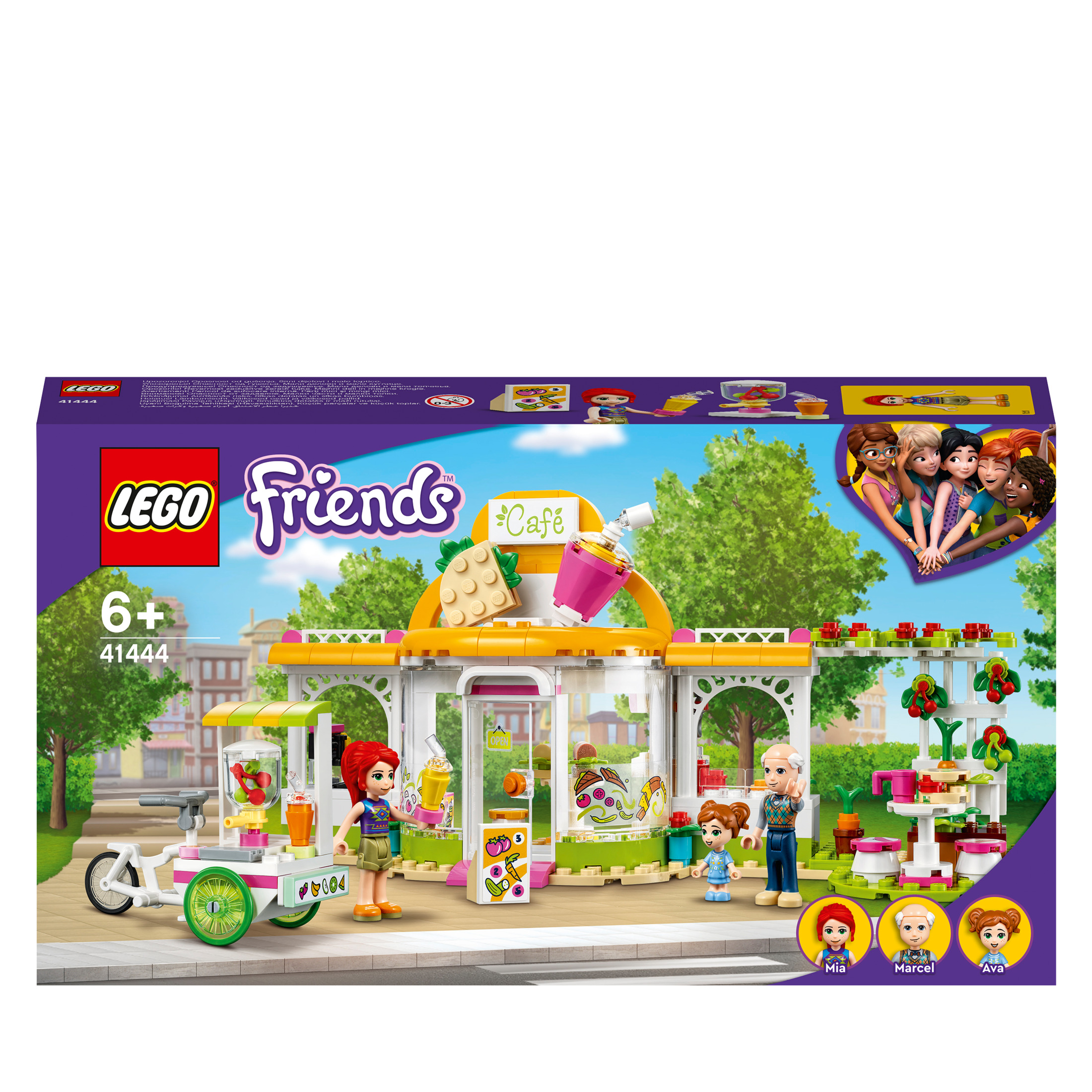 Set Lego Friends Caf é: bar, minifigure, una bicicletta e accessori.