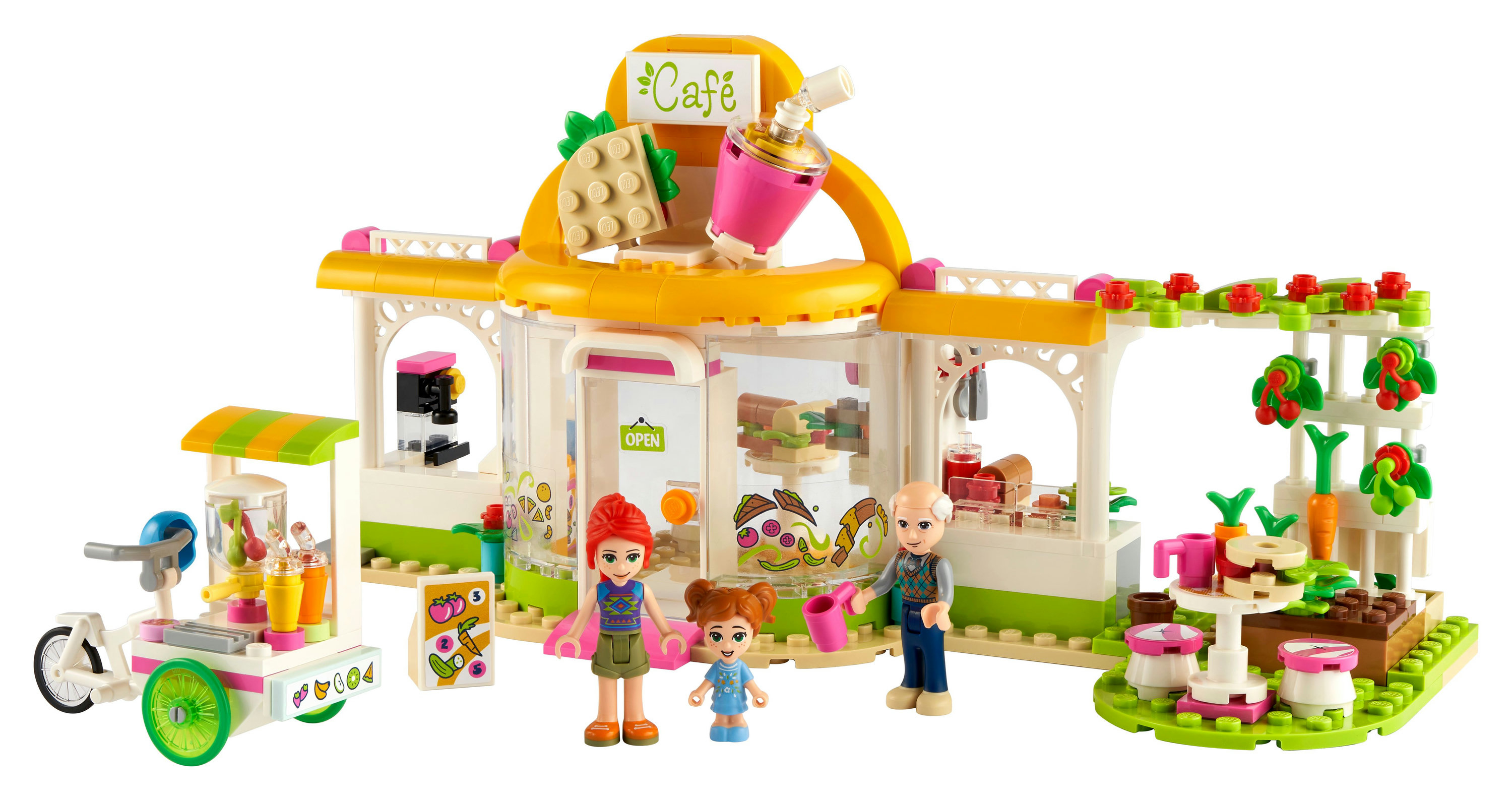 Set Lego Friends con un bar, personaggi e un carretto.