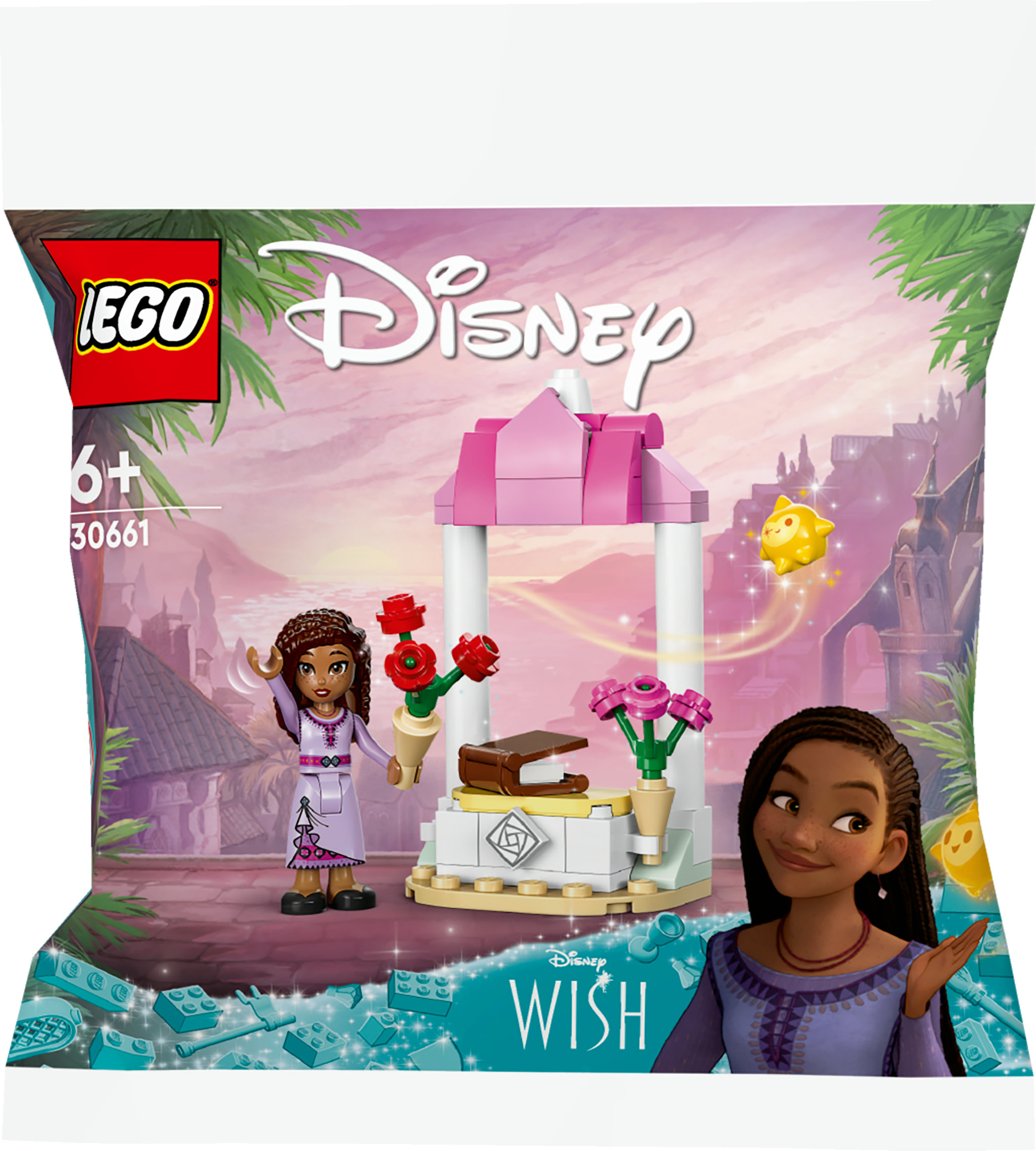 Zestaw Lego Disney Wish. Zawiera budynek z różowym dachem, dwie figurki i żółtą gwiazdę.