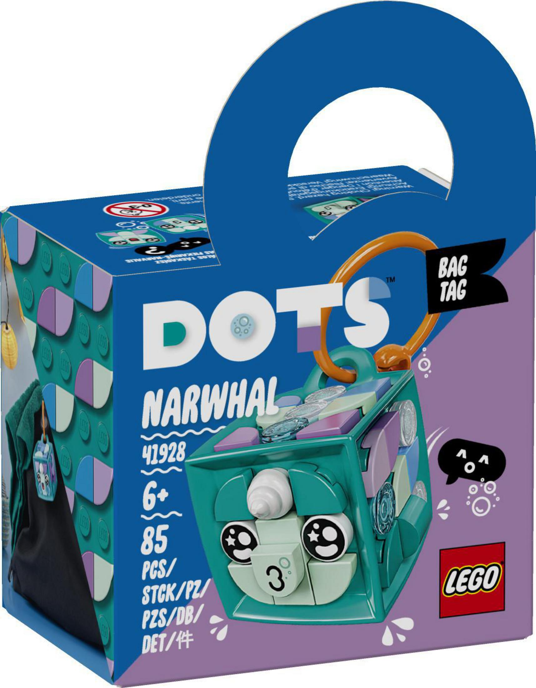 Eine Lego Dots Narwal-Taschenanhängerbox mit einer würfelförmigen Figur, einem Aufkleberbogen und Anweisungen.