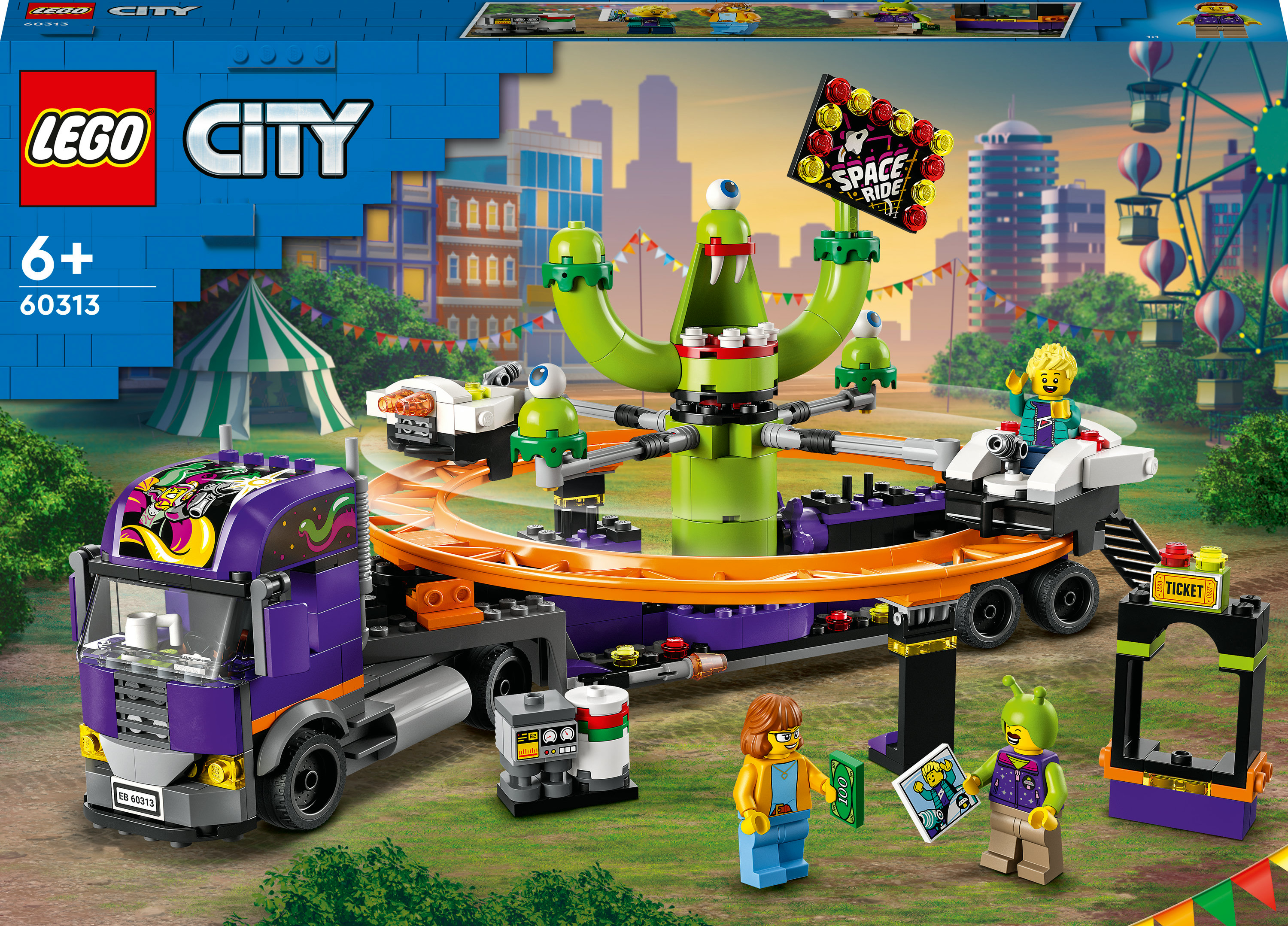 Zestaw LEGO City z ciężarówką, atrakcją i minifigurkami. Scena z wesołego miasteczka.