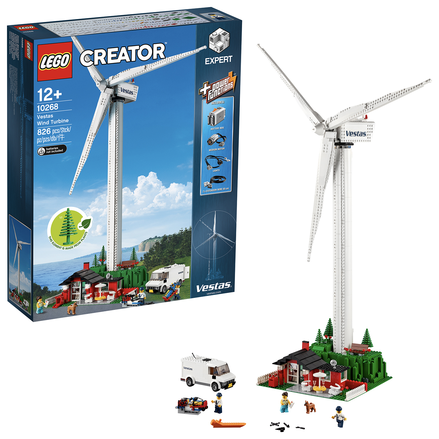 Lego Vestas Rüzgar Türbini seti, kutu, rüzgar değirmeni ve minifigürlerle.