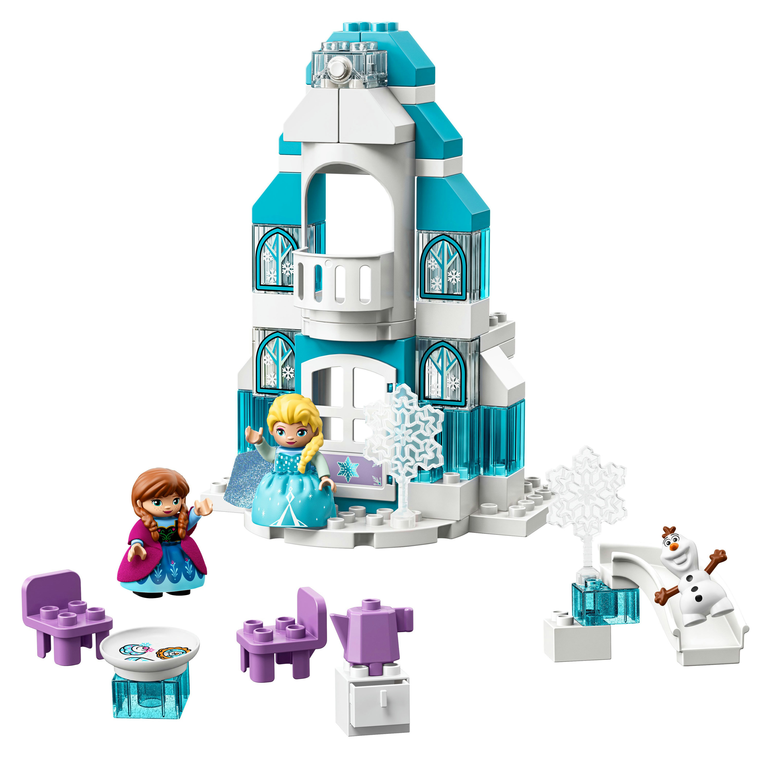 Lego Frozen Schloss-Szene mit Anna, Elsa, Olaf und Möbeln.