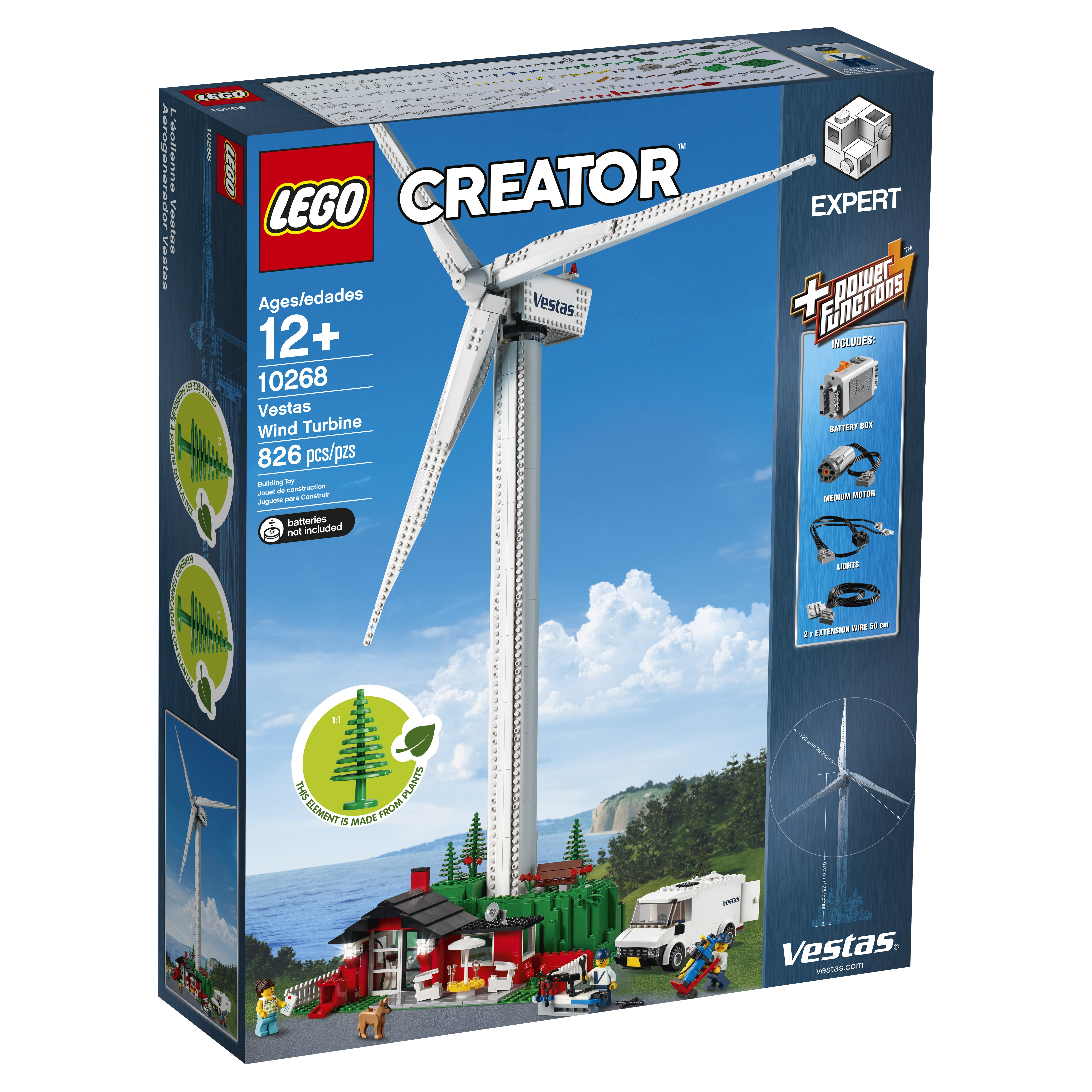 Lego Creator Vestas Rüzgar Türbini set kutusu. Rüzgar türbini modelini, yeşil alanları ve evi gösterir.