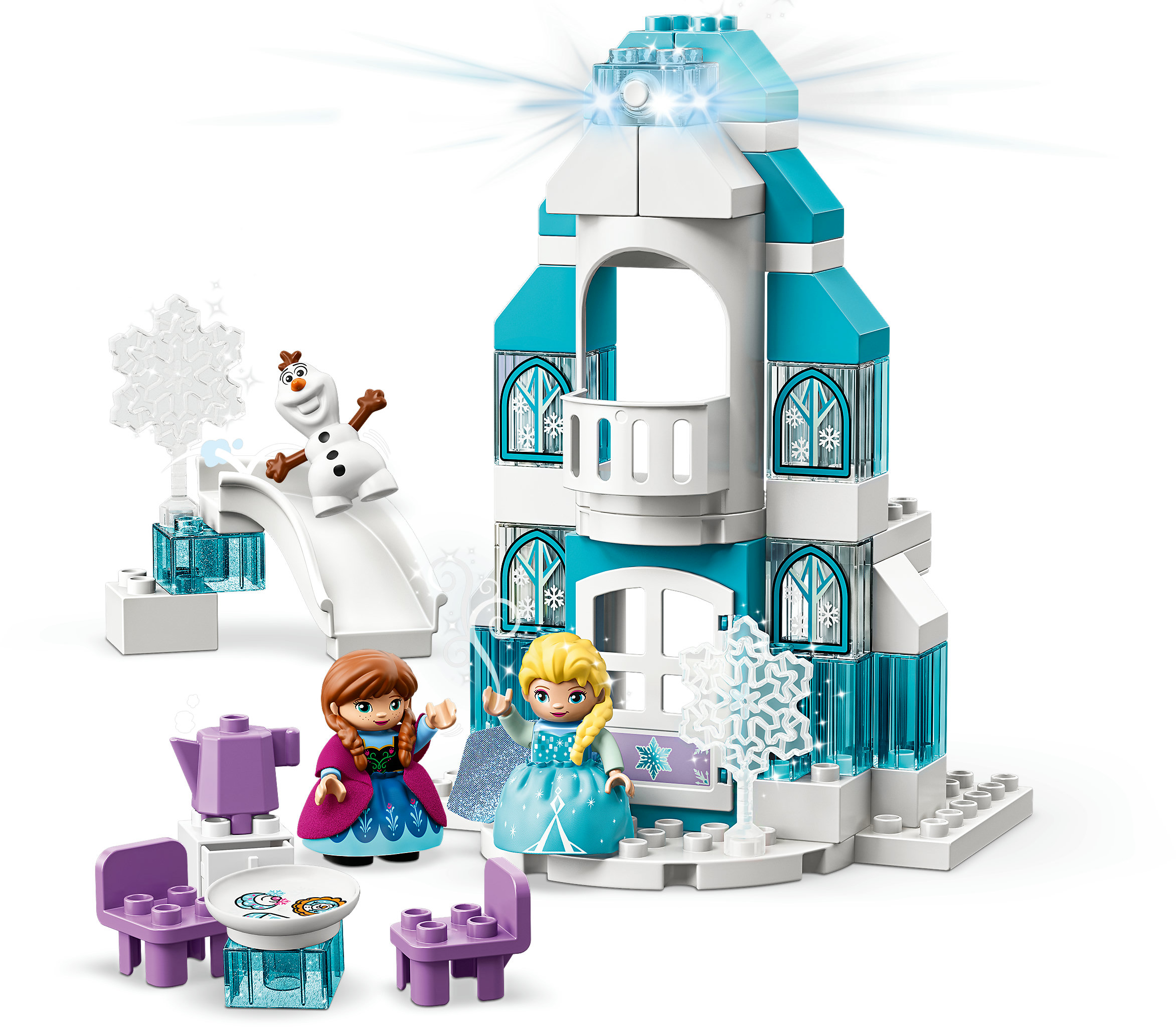 LEGO Duplo Set mit Frozen-Schloss, Elsa, Anna, Olaf und Spielzubehör.