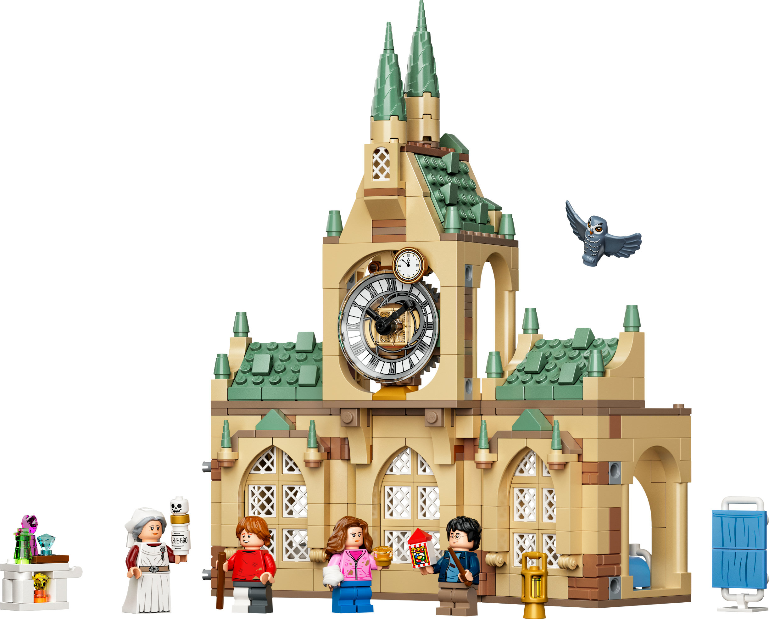 Ein Lego Harry Potter Set mit Hogwarts-Uhrturm und Charakterfiguren.
