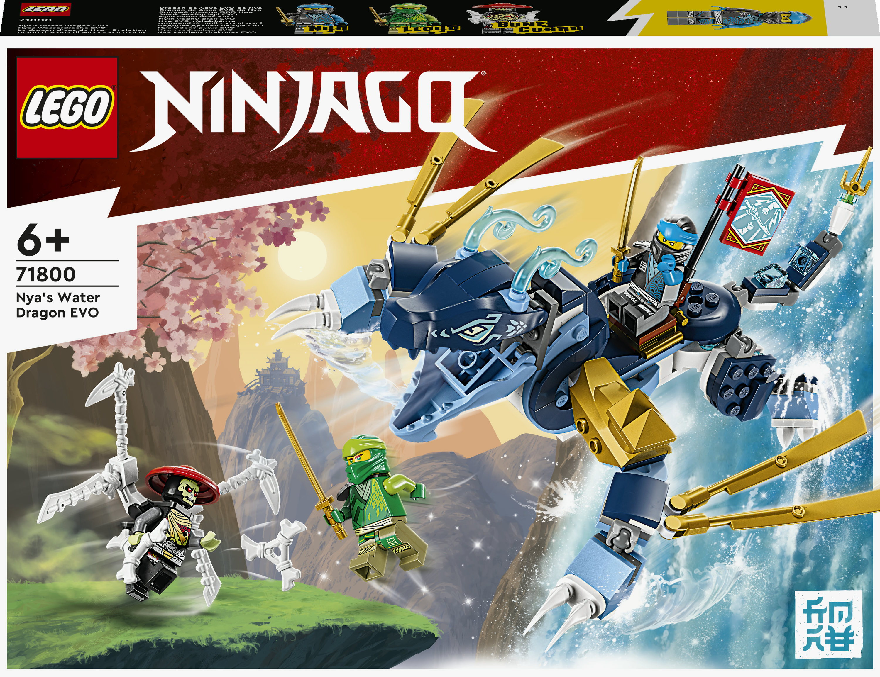 Ein LEGO Ninjago Box-Set zeigt einen Drachen, Ninja-Figuren und eine detaillierte Fantasielandschaft im Hintergrund.