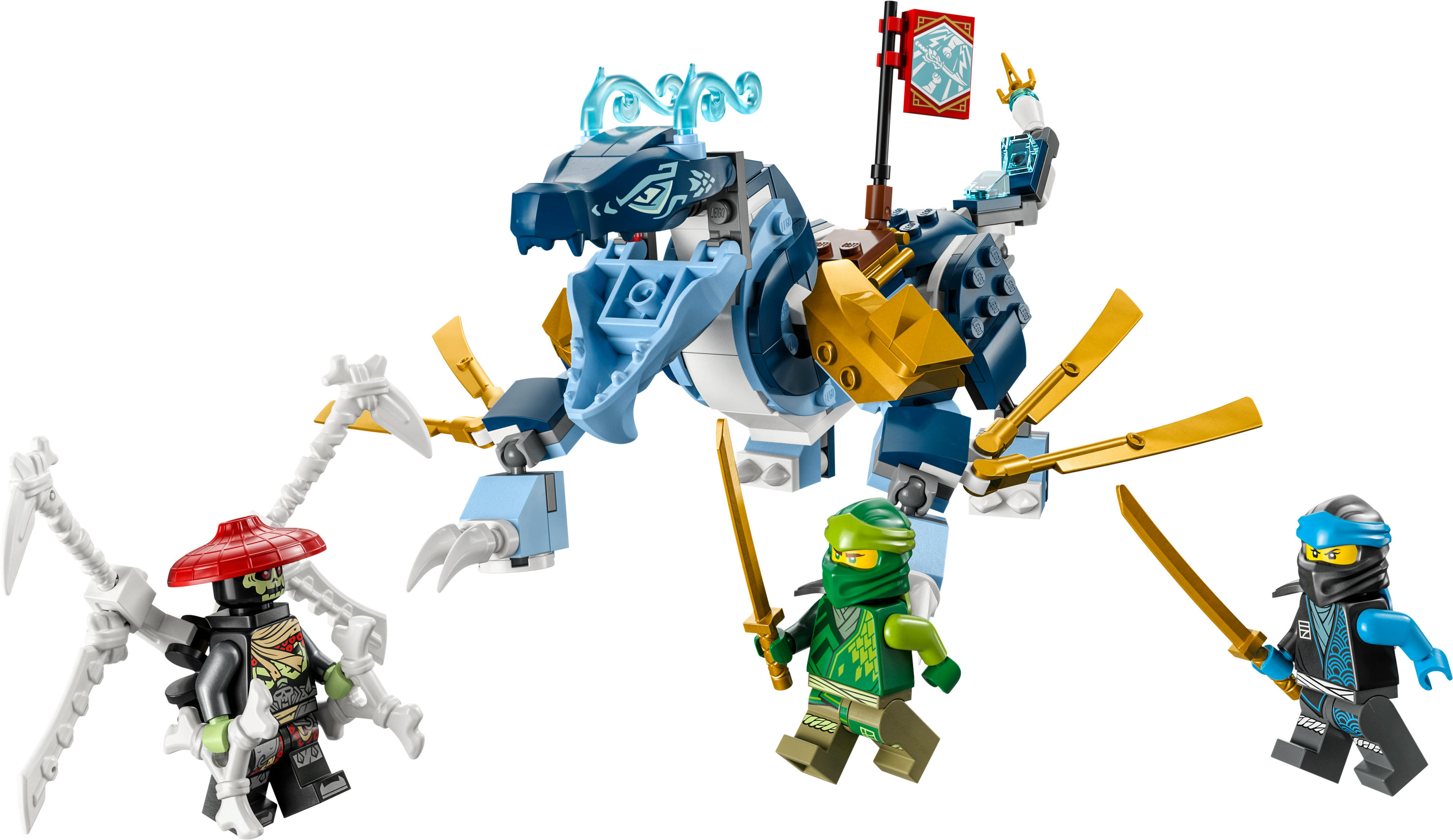 Lego Ninjago Set mit Drachen und Ninja-Figuren. Der Drache ist blau und die Ninjas sind grün und blau.