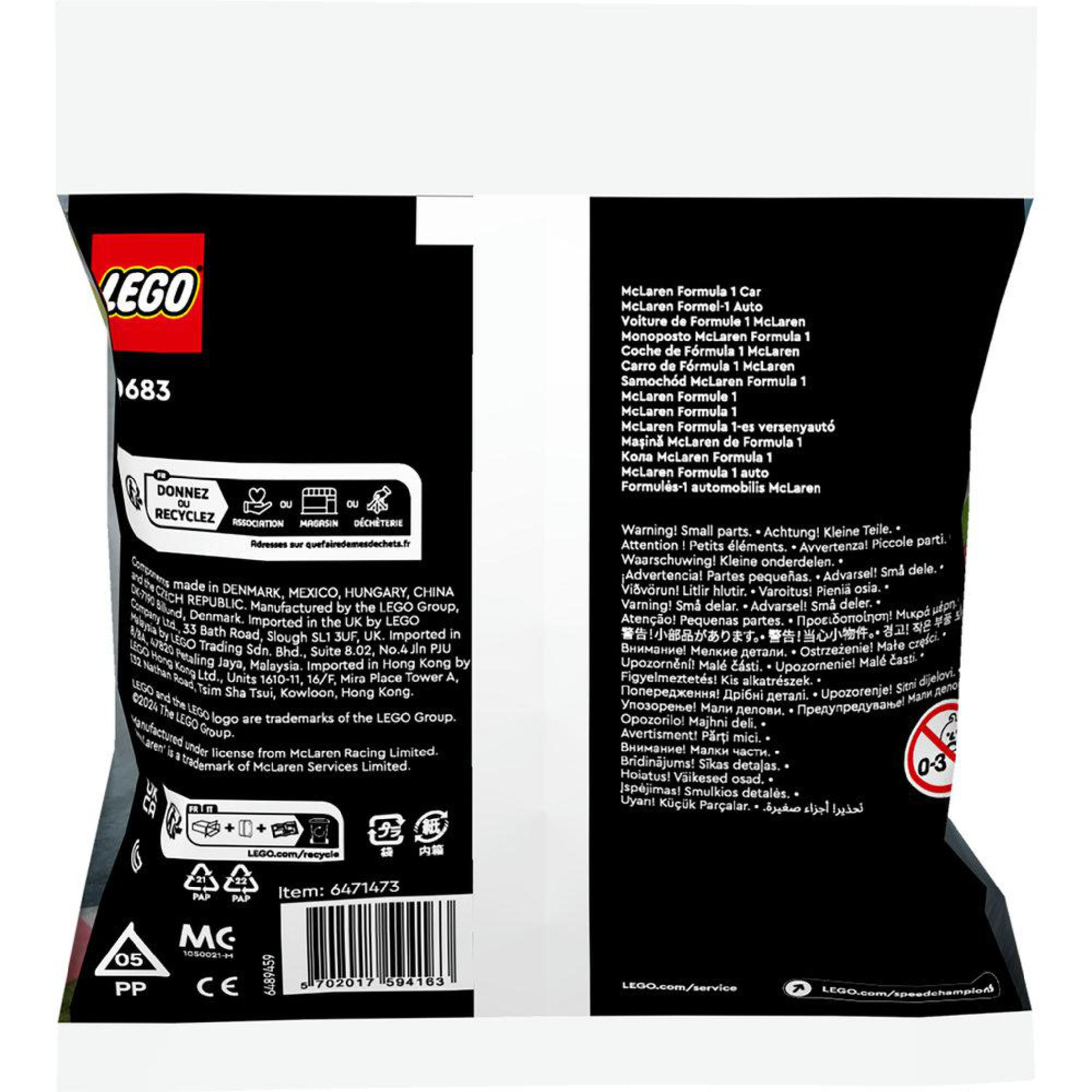 Siyah zemin üzerinde McLaren Formula 1 araba talimatları ve uyarıları içeren Lego çantası.