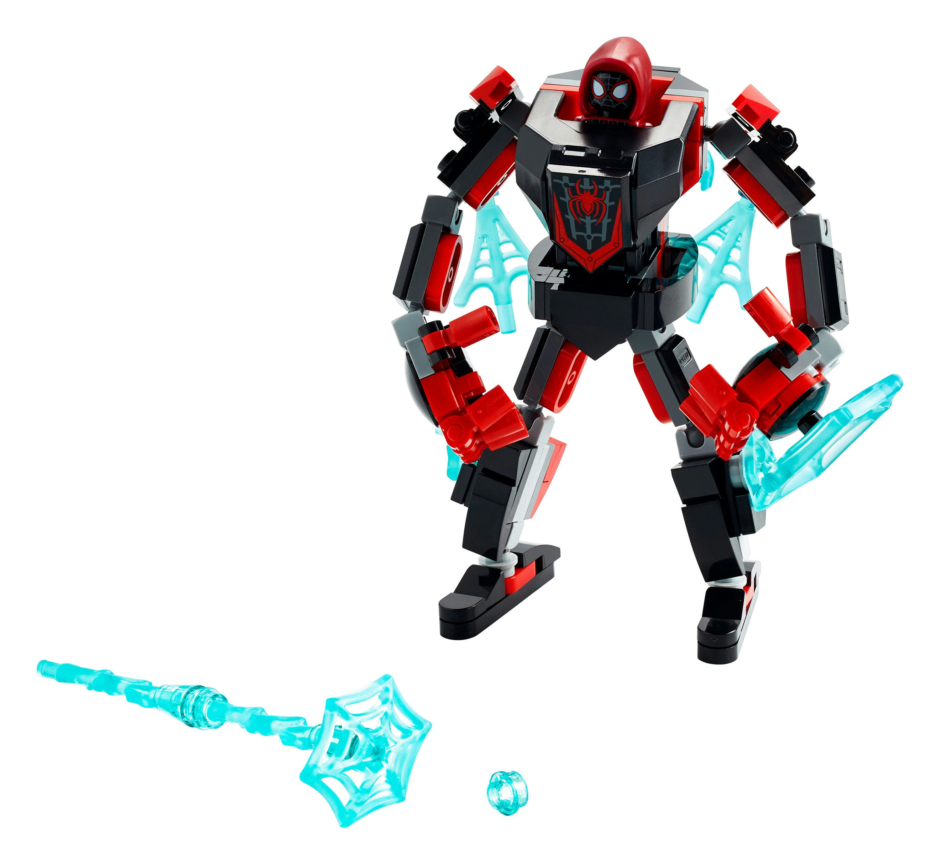 Spider-Man Roboter-Spielzeug in Schwarz und Rot, mit blauen Web-Zubehörteilen und einem Schild.