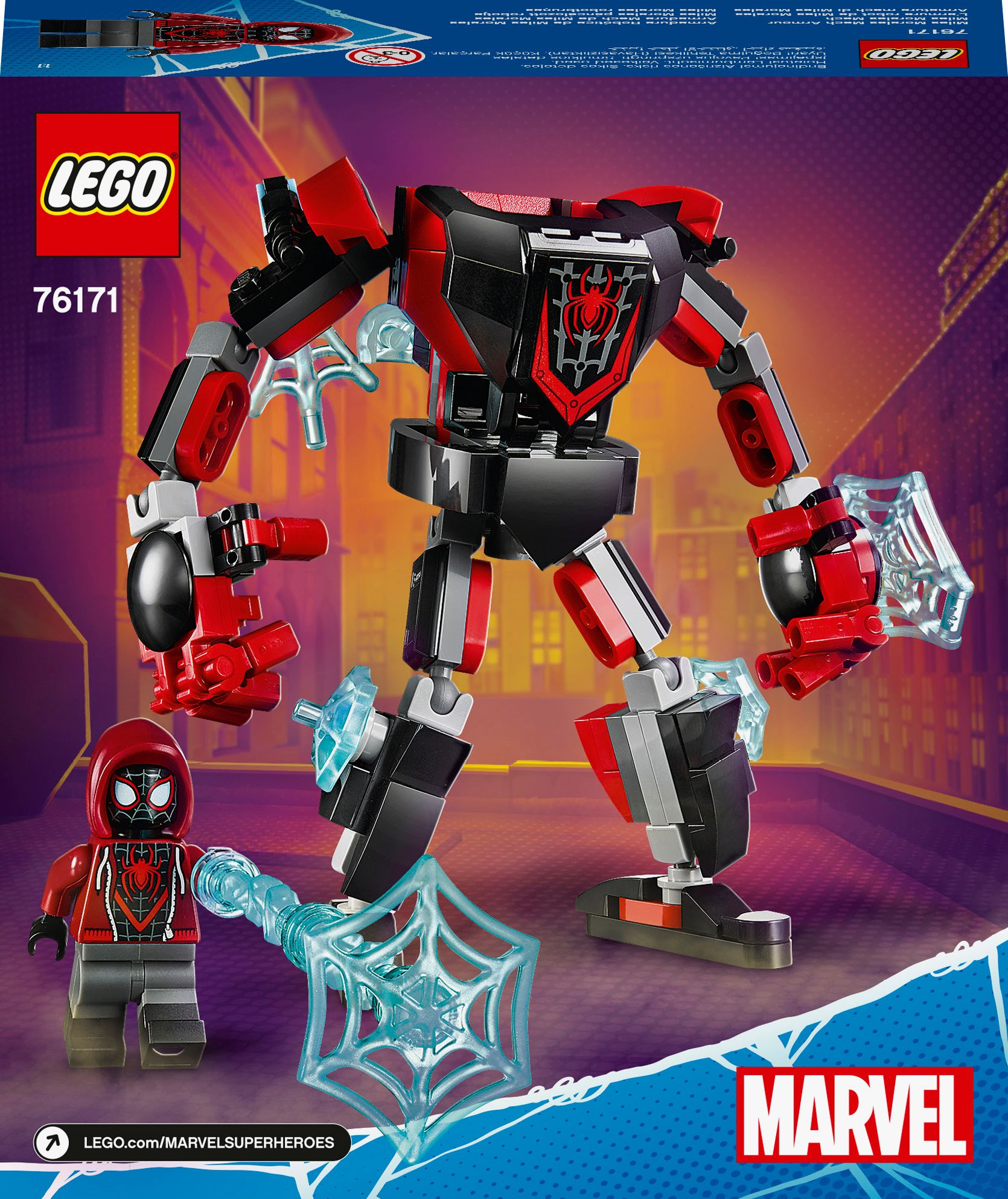 LEGO Spider-Man Mech Set. Eine Spider-Man-Figur steht neben dem rot-schwarzen Mech.