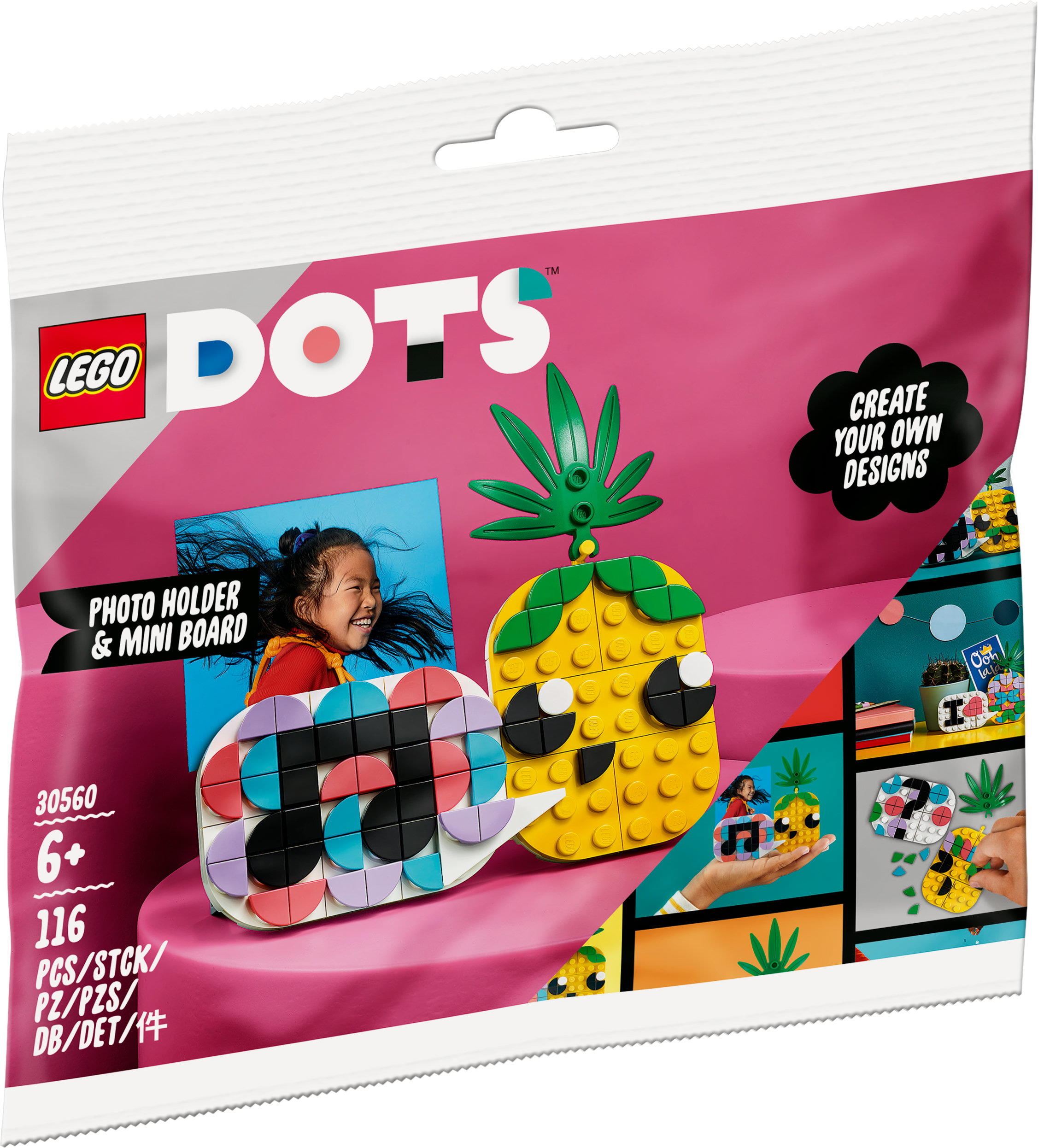 Set Lego Dots: un portafoto e un ananas fatti di blocchi.