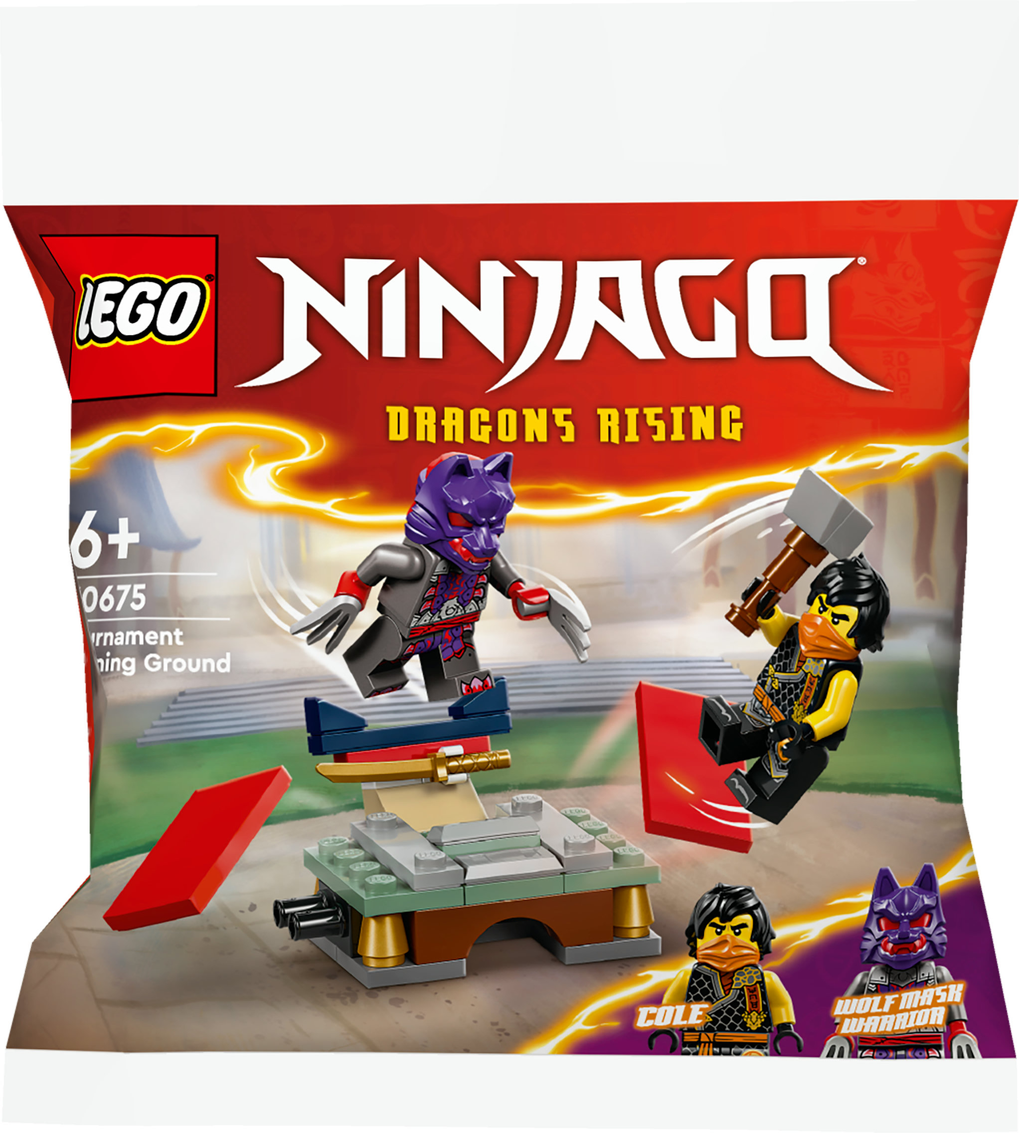 Lego Ninjago Dragons Rising Set mit Minifiguren und kleiner Kampfstruktur.