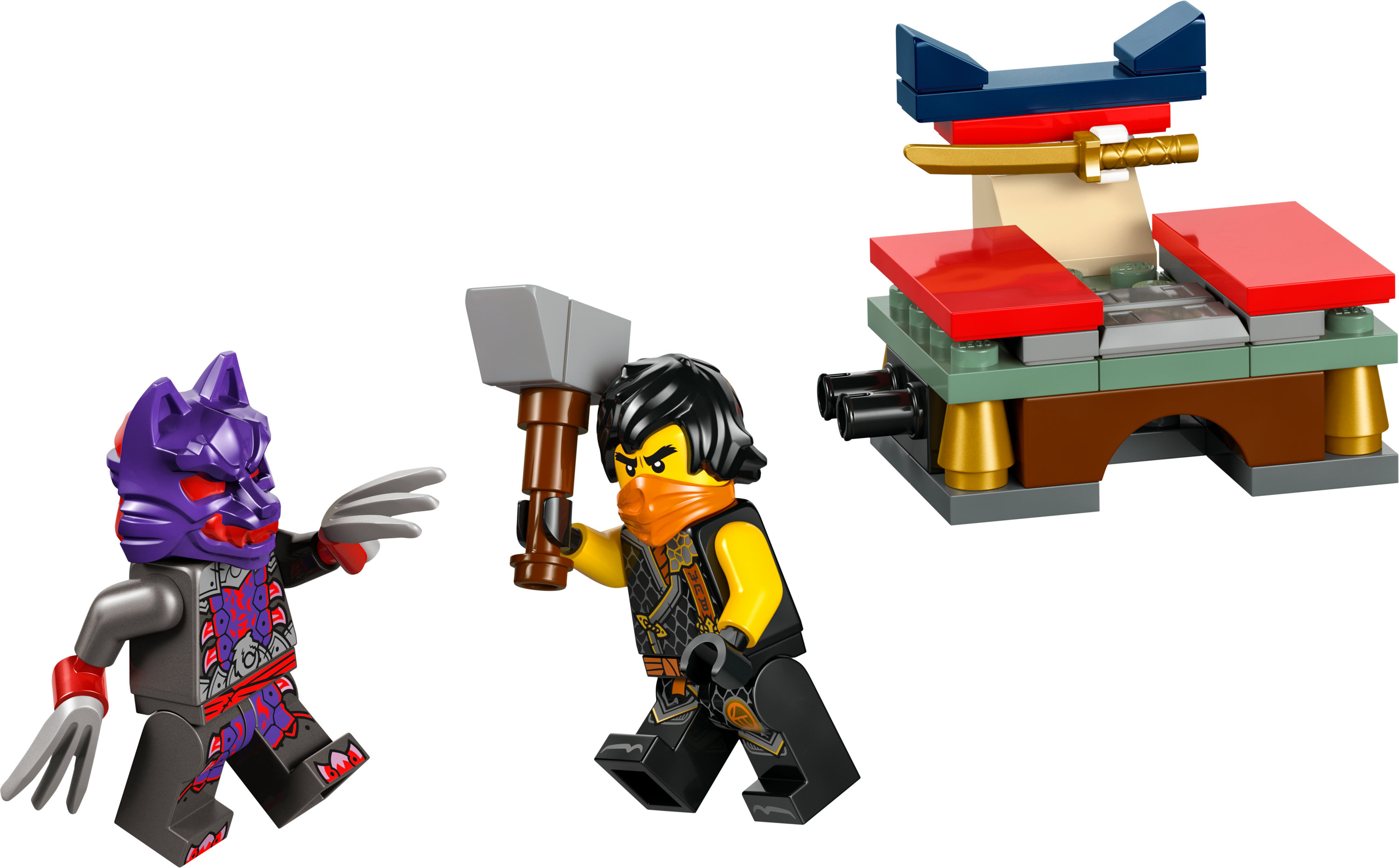 Lego Ninjago Set mit Ninja-Figuren, einem Hammer und einer kleinen Tempelstruktur.