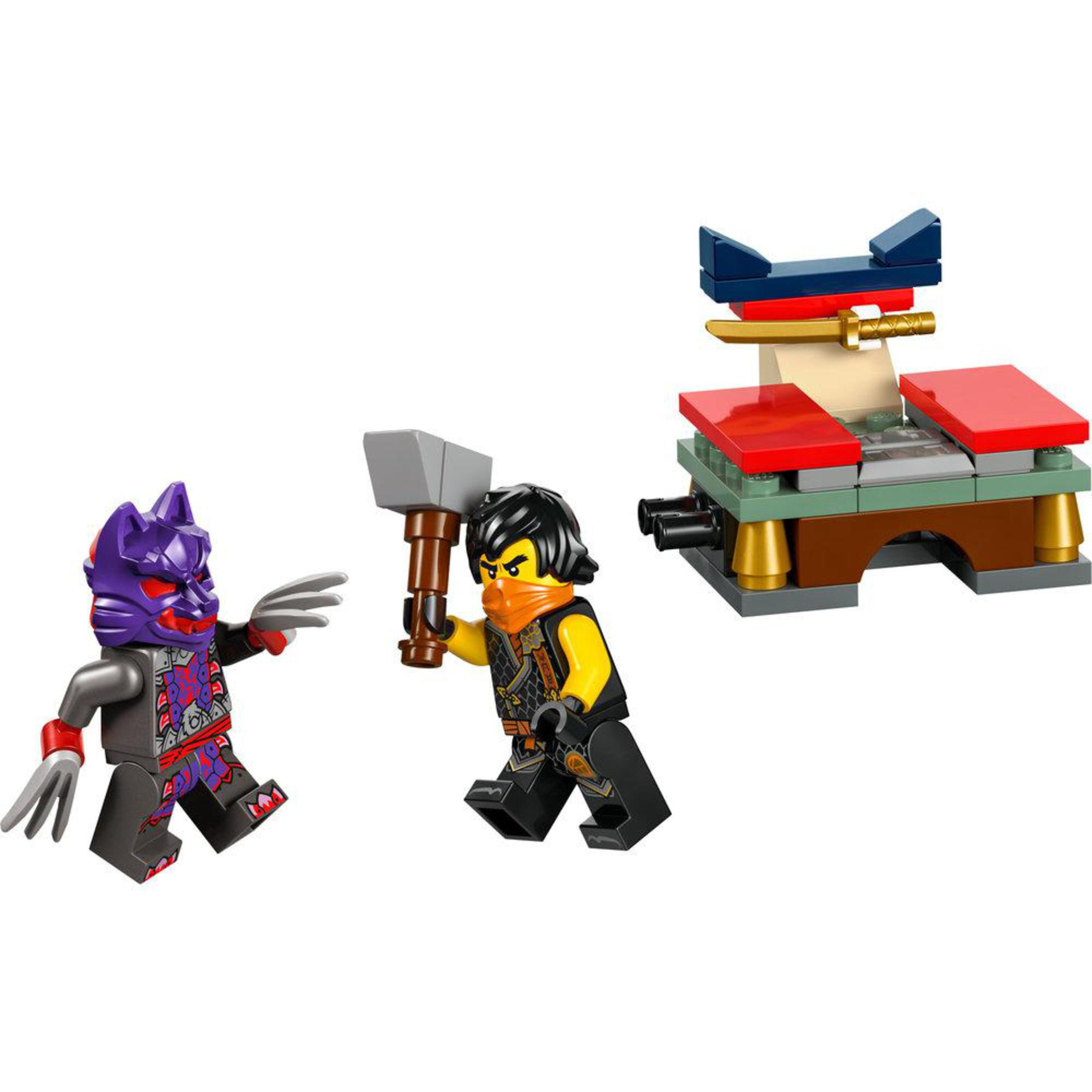 Lego Ninjago Figuren: ein Wolf, ein Ninja mit einem Hammer und eine Struktur mit Schwert und Hammer.