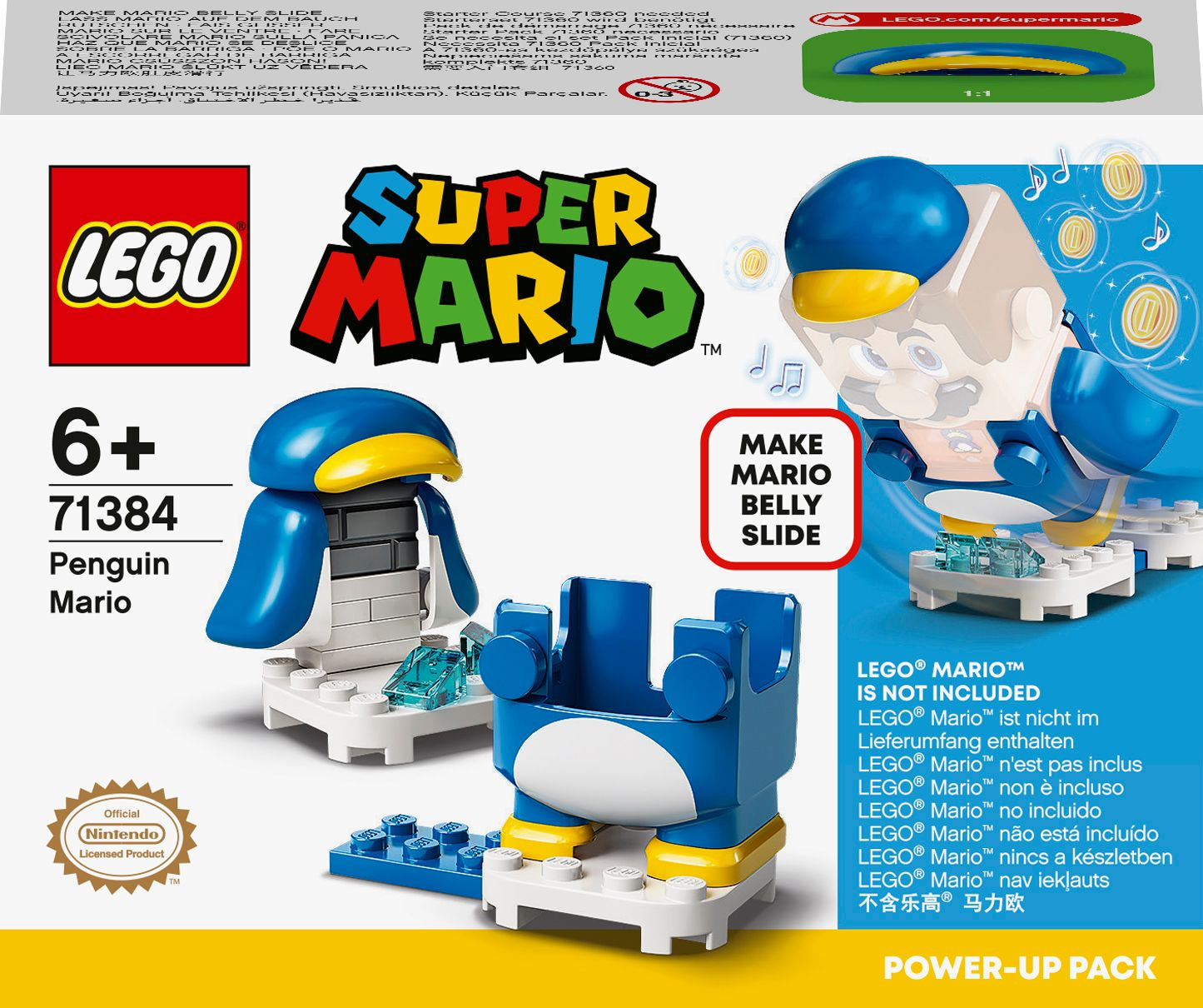 Lego Super Mario Set mit Pinguin, Mario und einer Rutsche, sowie einem Aufkleberbogen mit Noten.