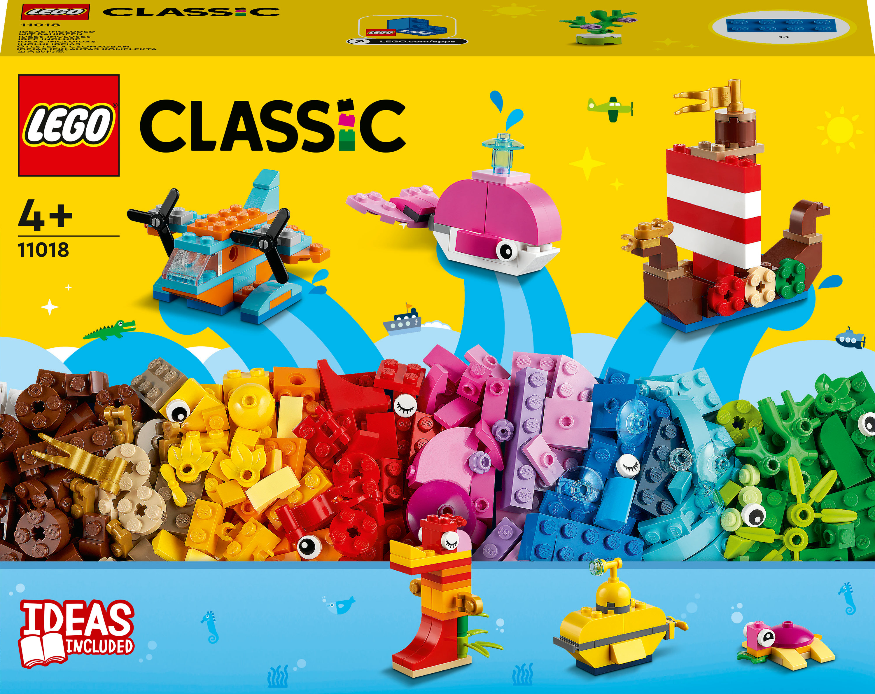Een Lego-set met Legoblokken en geassembleerde figuren.