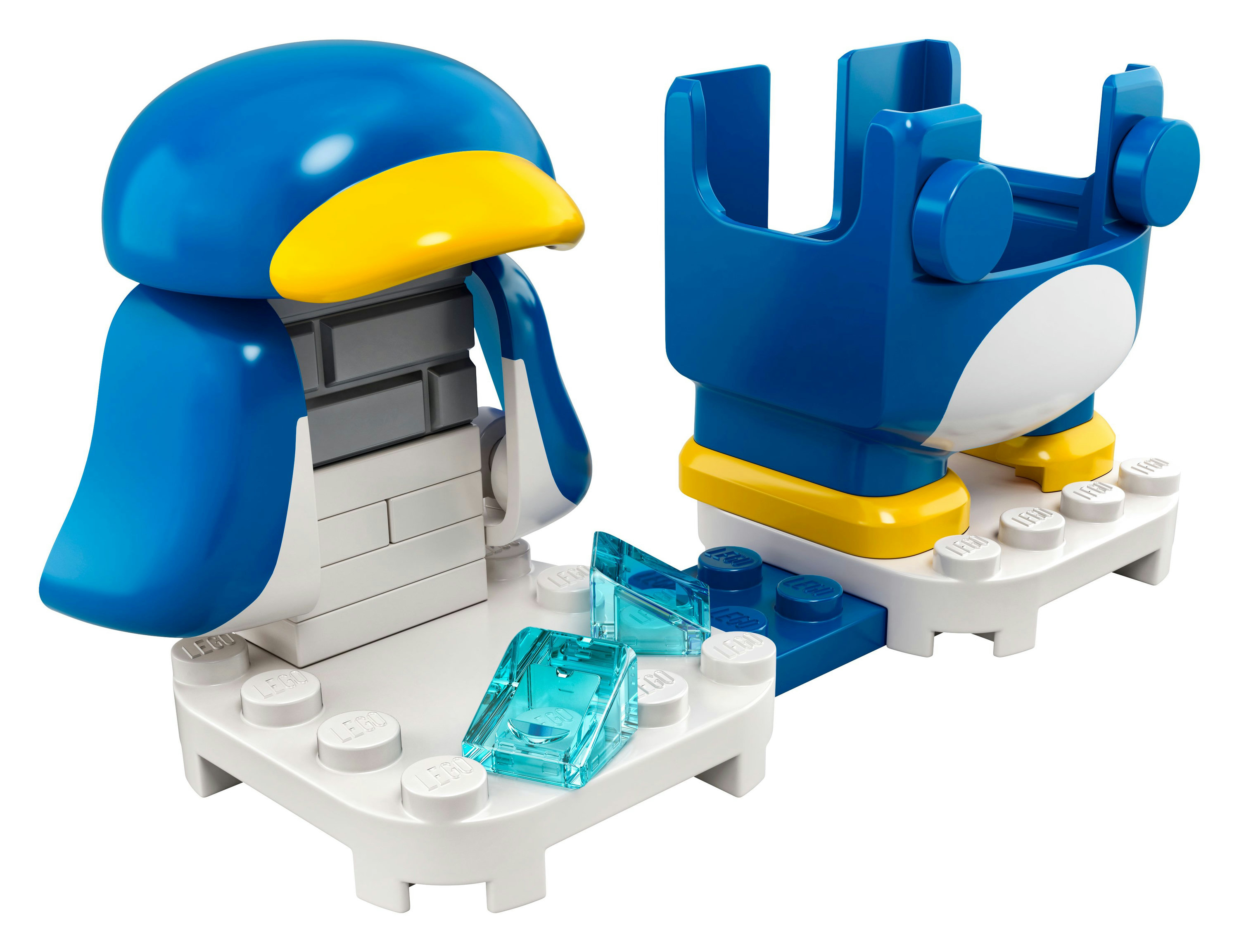 Lego Pinguin-Figur und ein blau-gelber Ständer mit Eisblöcken. Weißer Hintergrund.
