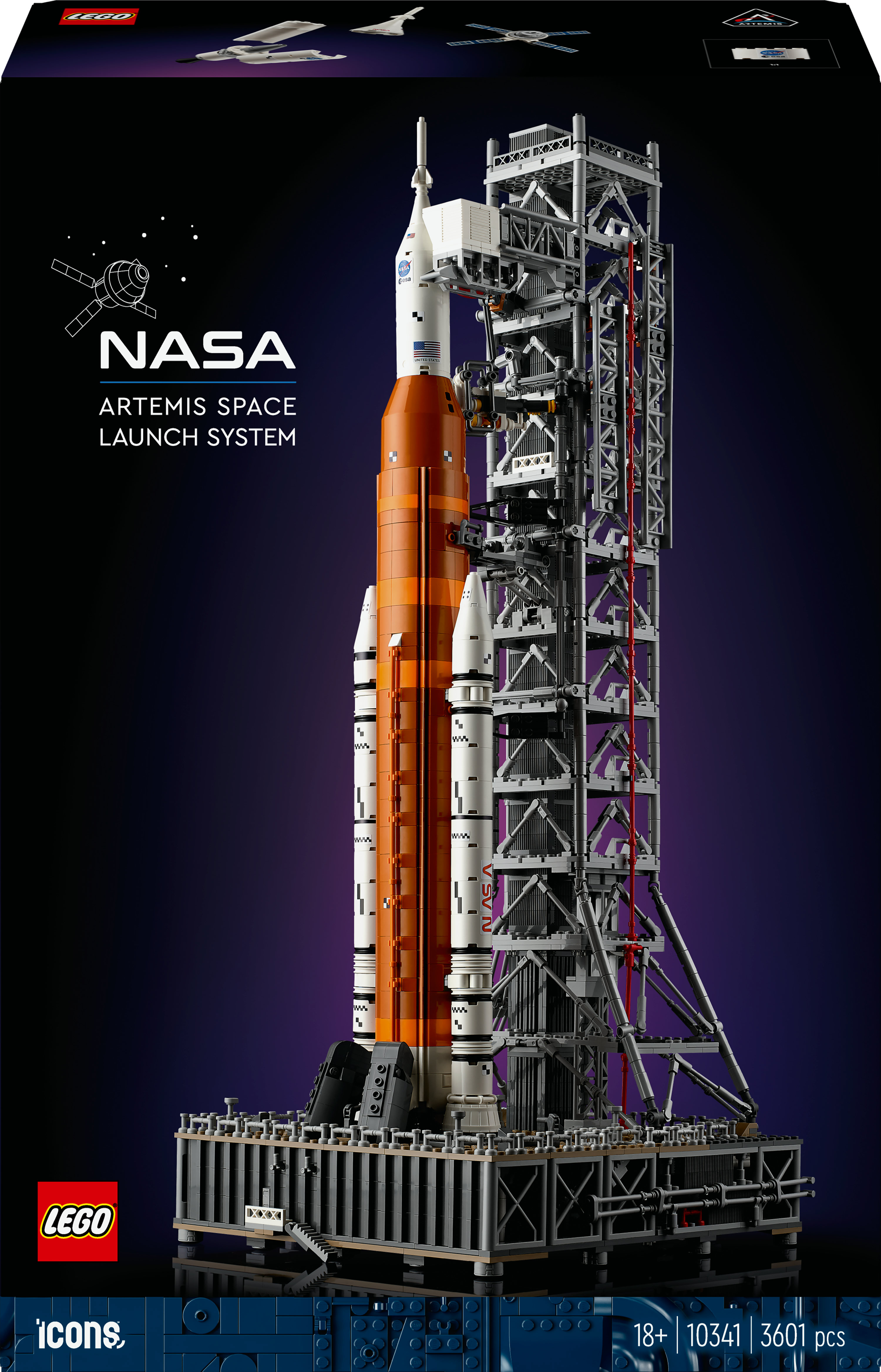 Pudełko Lego z systemem startu kosmicznego NASA Artemis. Na pudełku pomarańczowa rakieta.