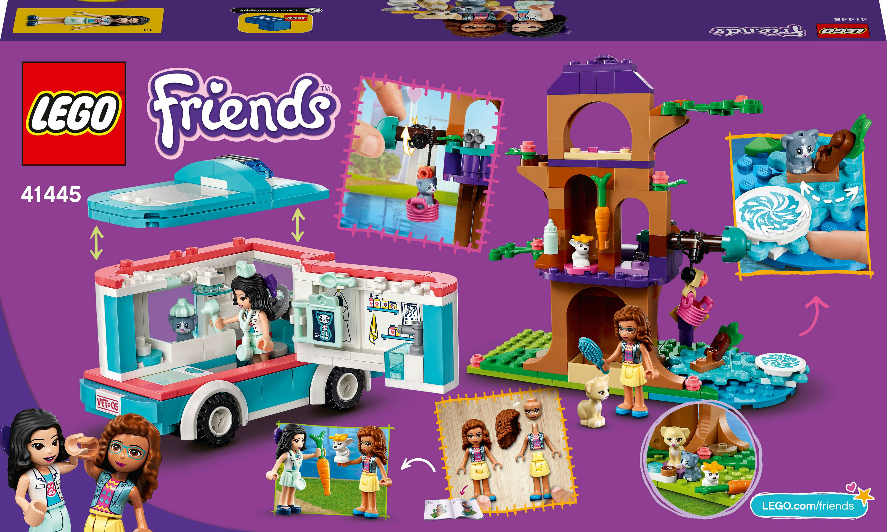 Lego Friends Set: Mobile Tierklinik, Baumhaus mit Tieren und Minifiguren auf lila Hintergrund.