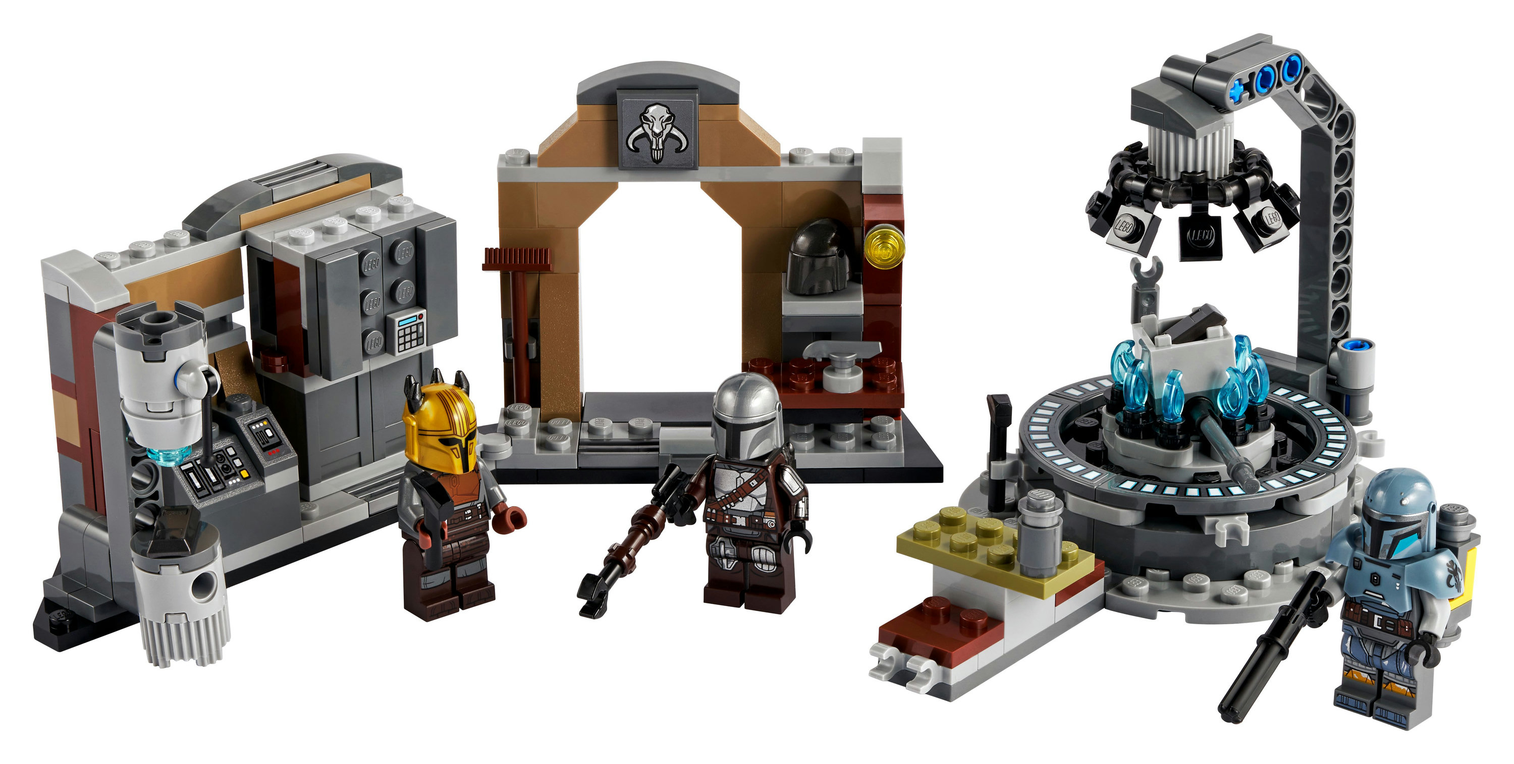 Lego Star Wars Set: eine Werkstatt, Figuren und eine Schmiedeszene. Enthält Mandalorianer und eine Waffe.
