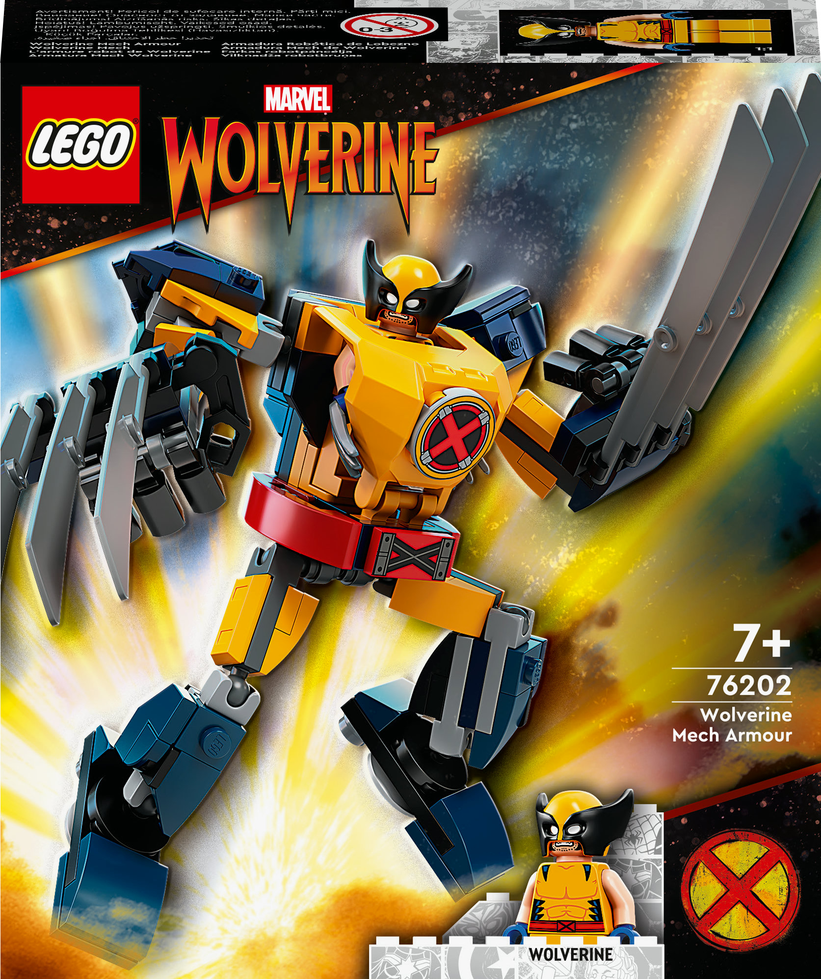 Wolverine Lego seti. Kutu, bir mekanik zırh içindeki Wolverine figürünü ve kutu logosunu gösteriyor.