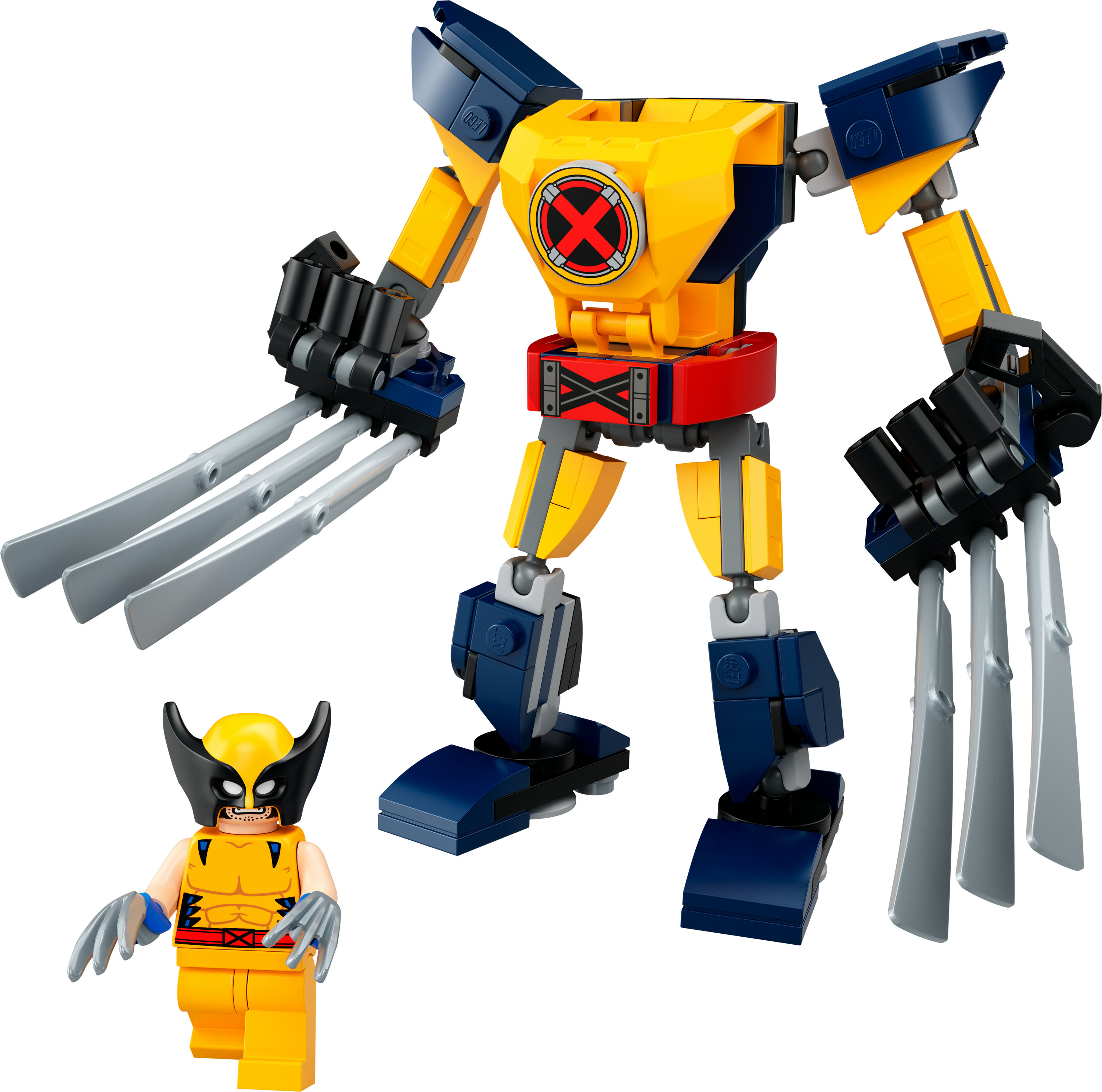 Büyük bir robot figürü ve küçük bir Wolverine figürü ile bir LEGO Wolverine seti. Robotun pençeleri var.