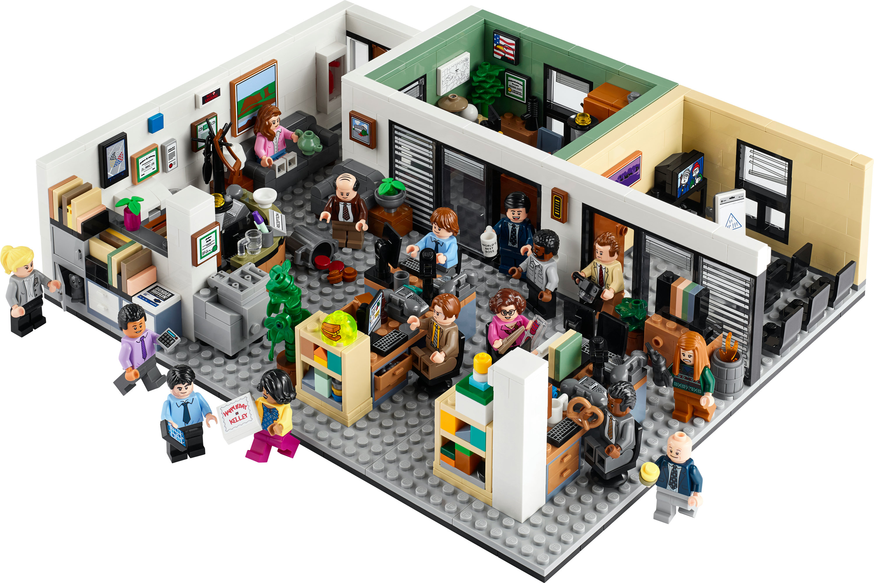 Lego set depicting an office scene with various characters and desks.