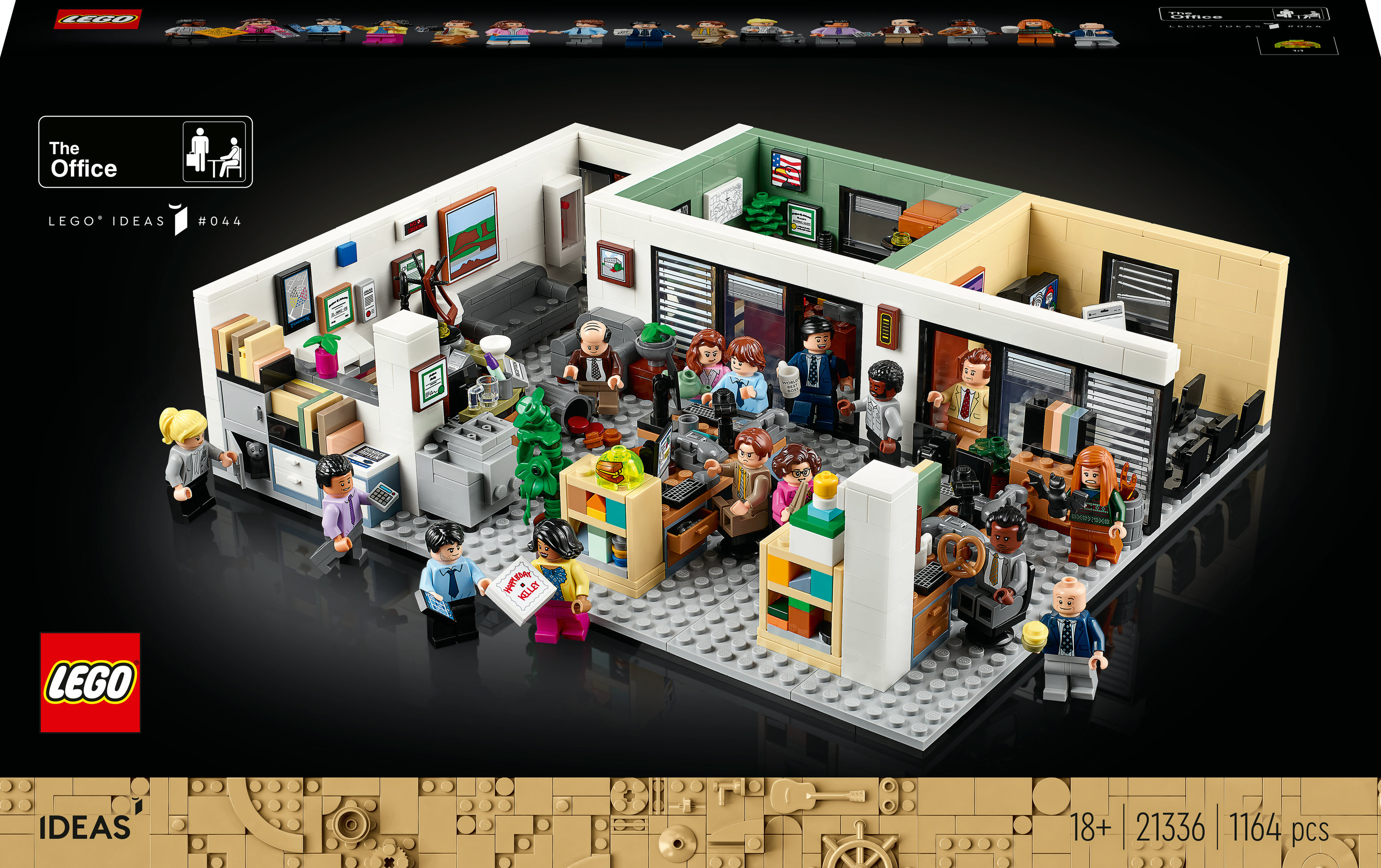 Lego set of The Office, with multiple minifigures, and a detailed office interior.