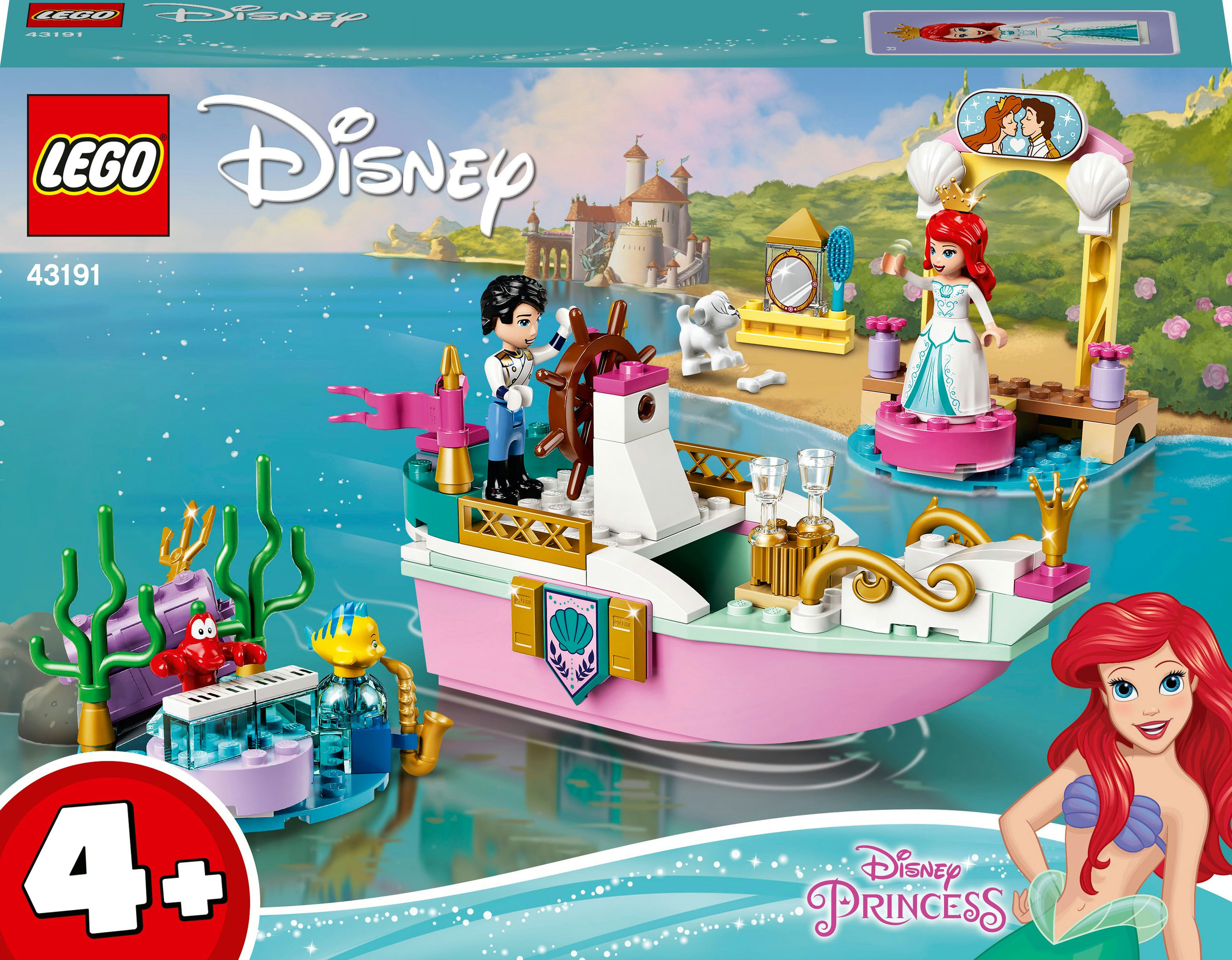 Ariel'in teknesi, karakterleri ve su altı unsurları ile Lego Disney seti kutusu.