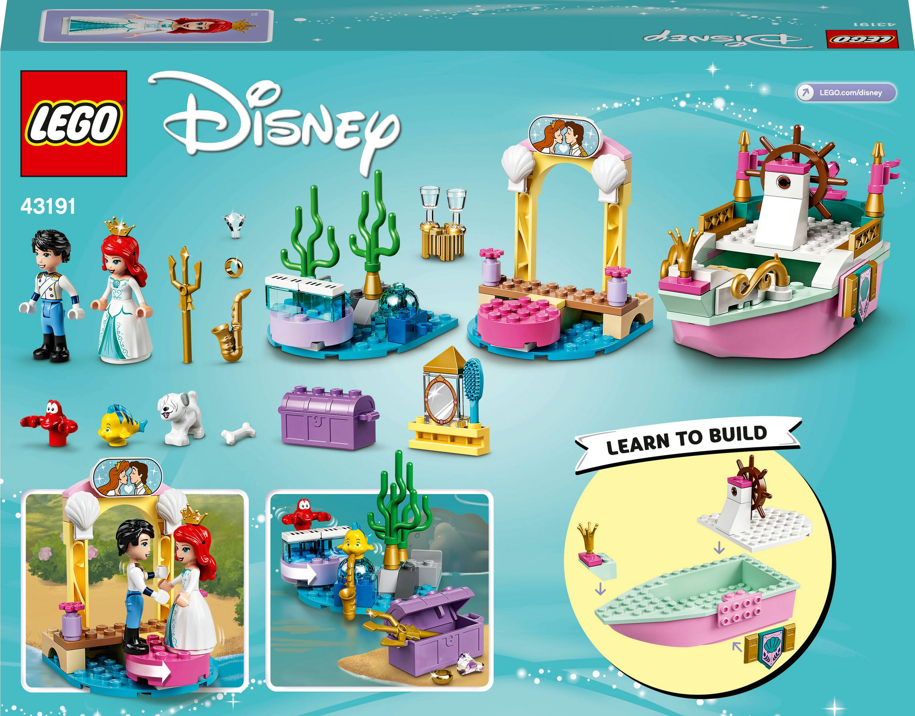 LEGO Disney set kutusu ve bir tekne, figürler ve su altı öğelerinin monte edilmiş modelleri.