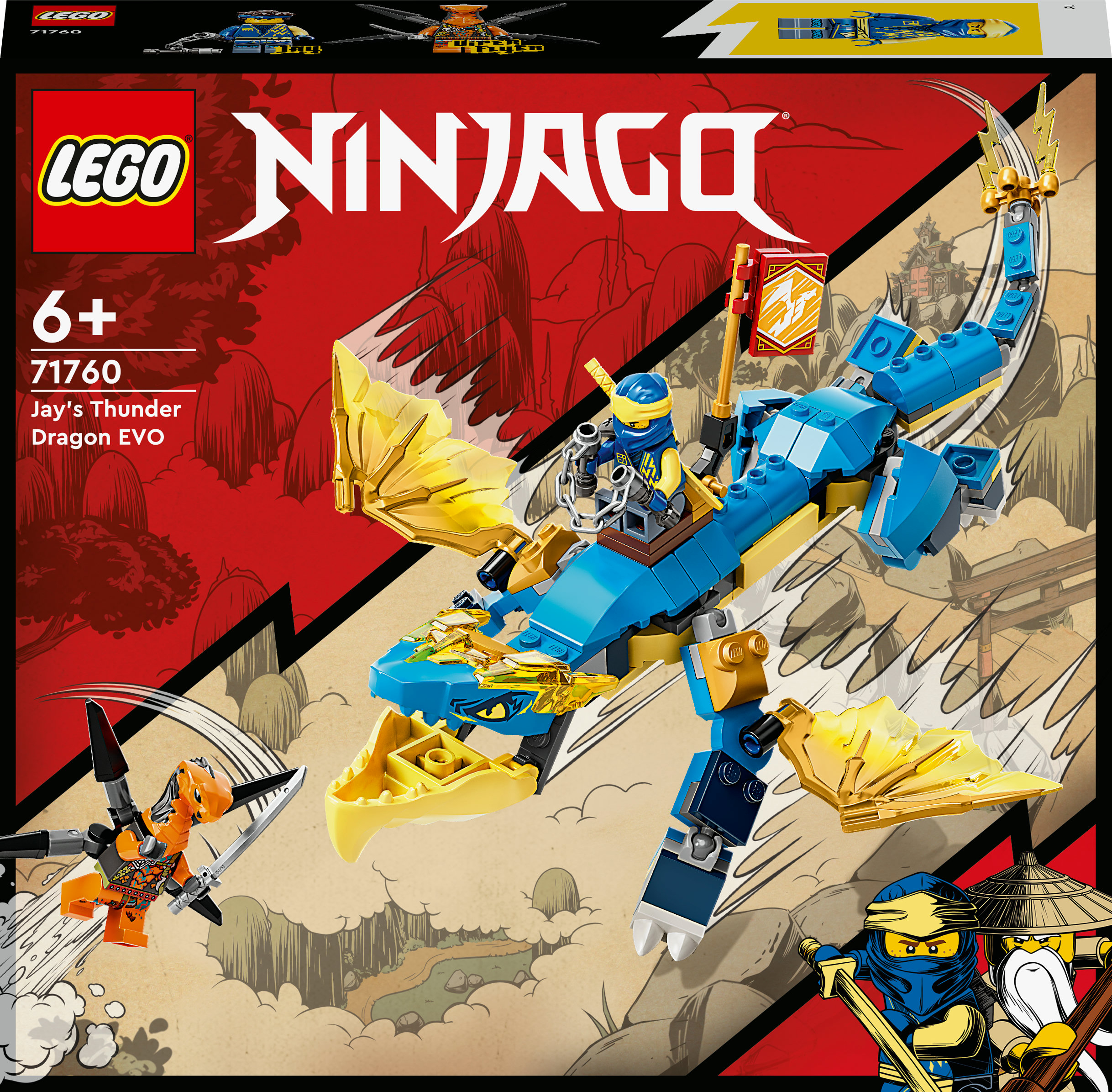 Lego Ninjago Box-Art mit einem blauen Drachen, einem Ninja und verschiedenen Action-Elementen.