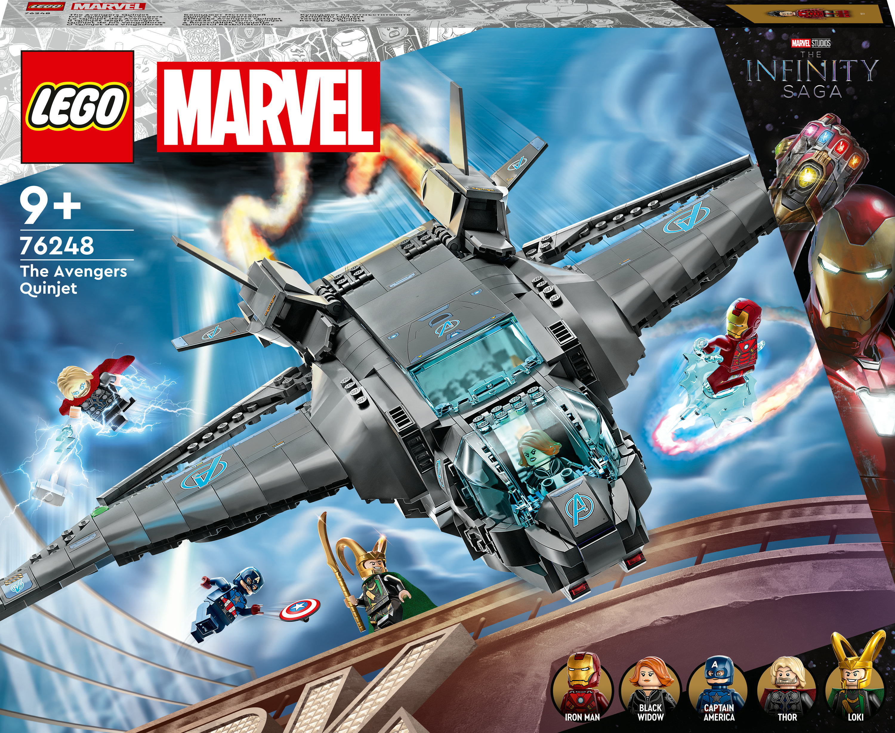 Lego-Box-Art des Avengers Quinjet. Enthält Iron Man, Black Widow, Captain America, Thor und Loki.