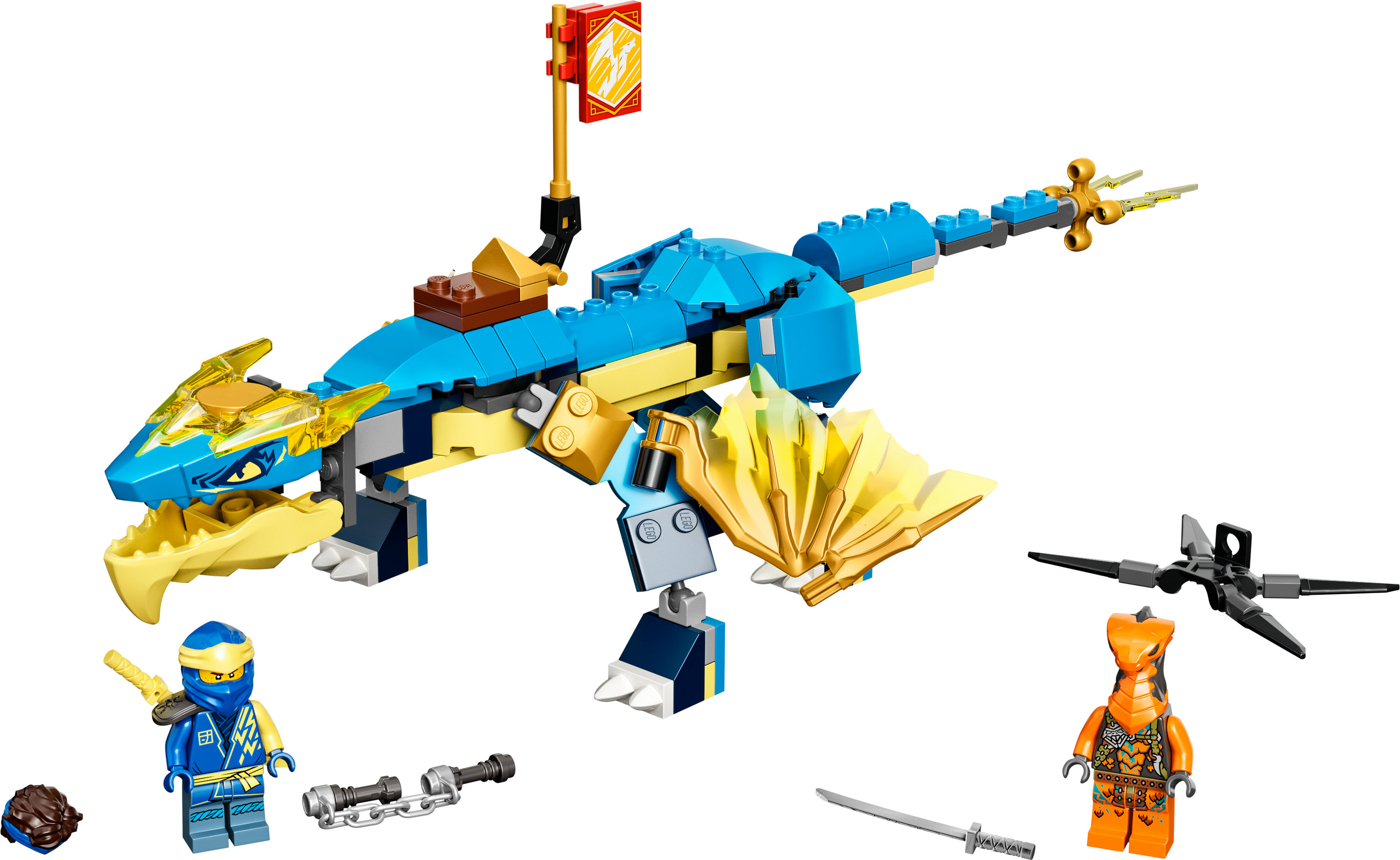 Ein blau-gelbes Drachenspielzeug mit Ninja-Figuren und Zubehör, vor weißem Hintergrund.
