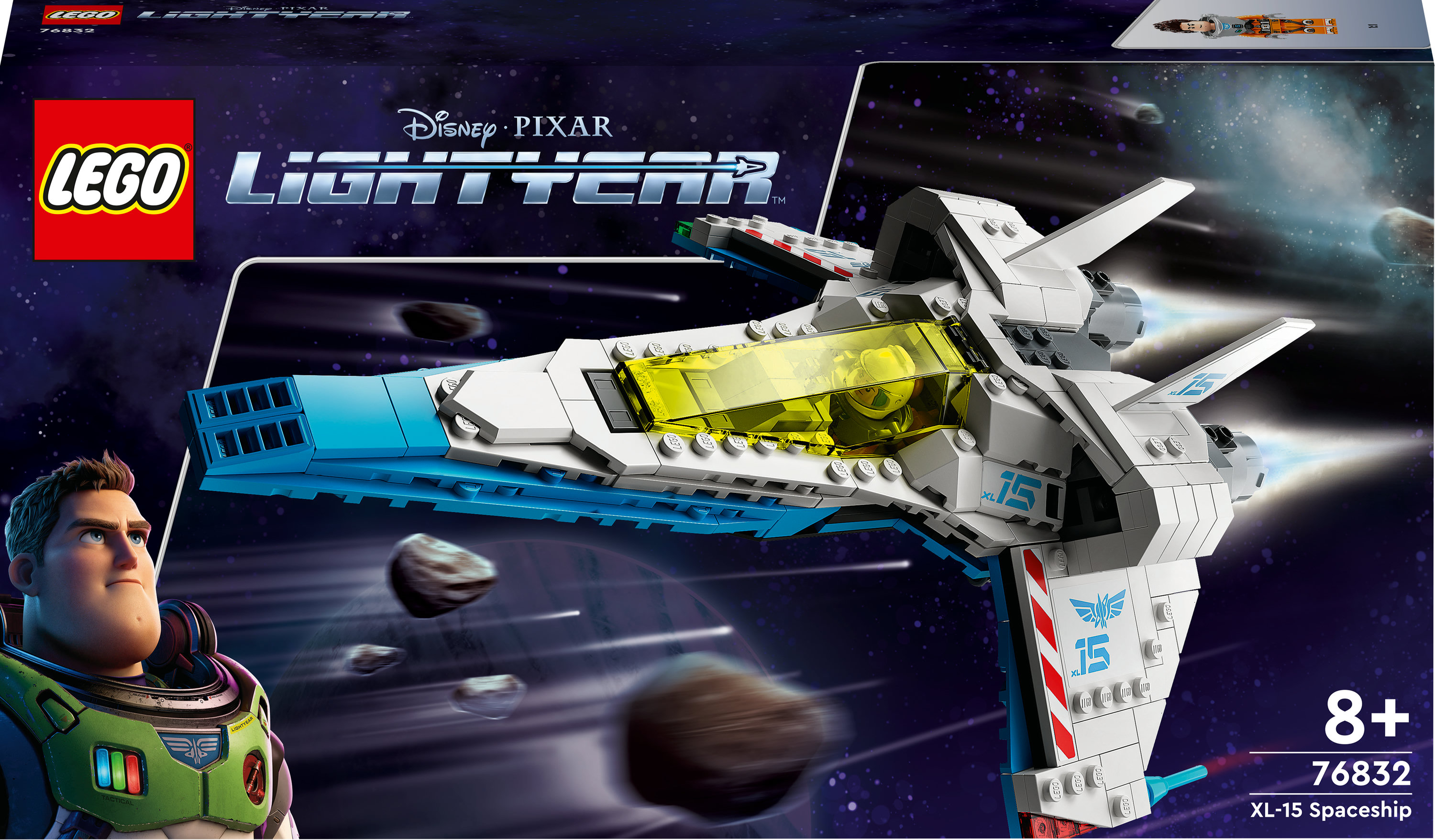 Lego Lightyear Raumschiff-Box. Buzz Lightyear ist links. Das Schiff ist weiß und blau.