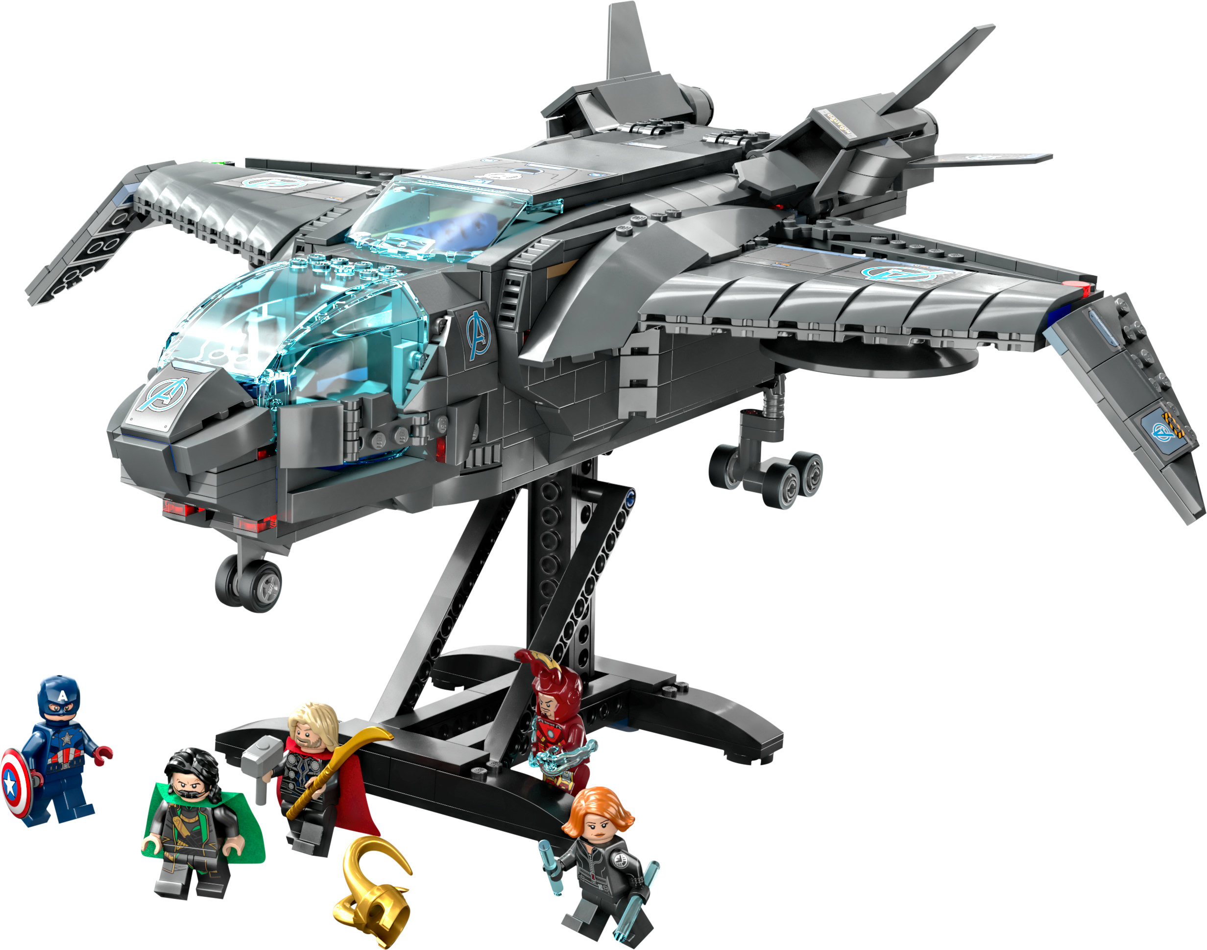 Lego-Set eines großen grauen Raumschiffs mit Minifiguren von Marvel-Charakteren: Captain America, Loki usw.