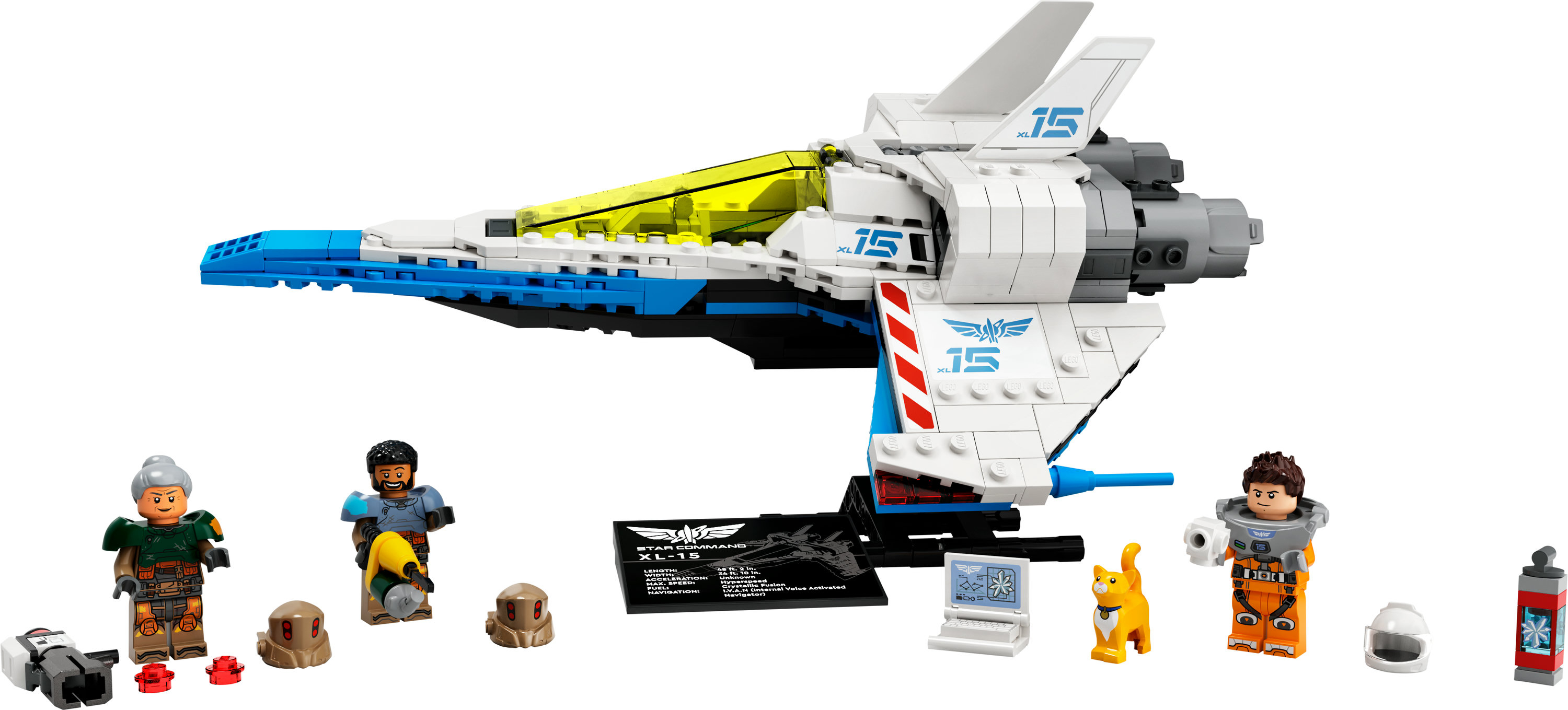 Lego-Set mit weißem und blauem Raumschiff, Figuren und Zubehör auf weißem Hintergrund.