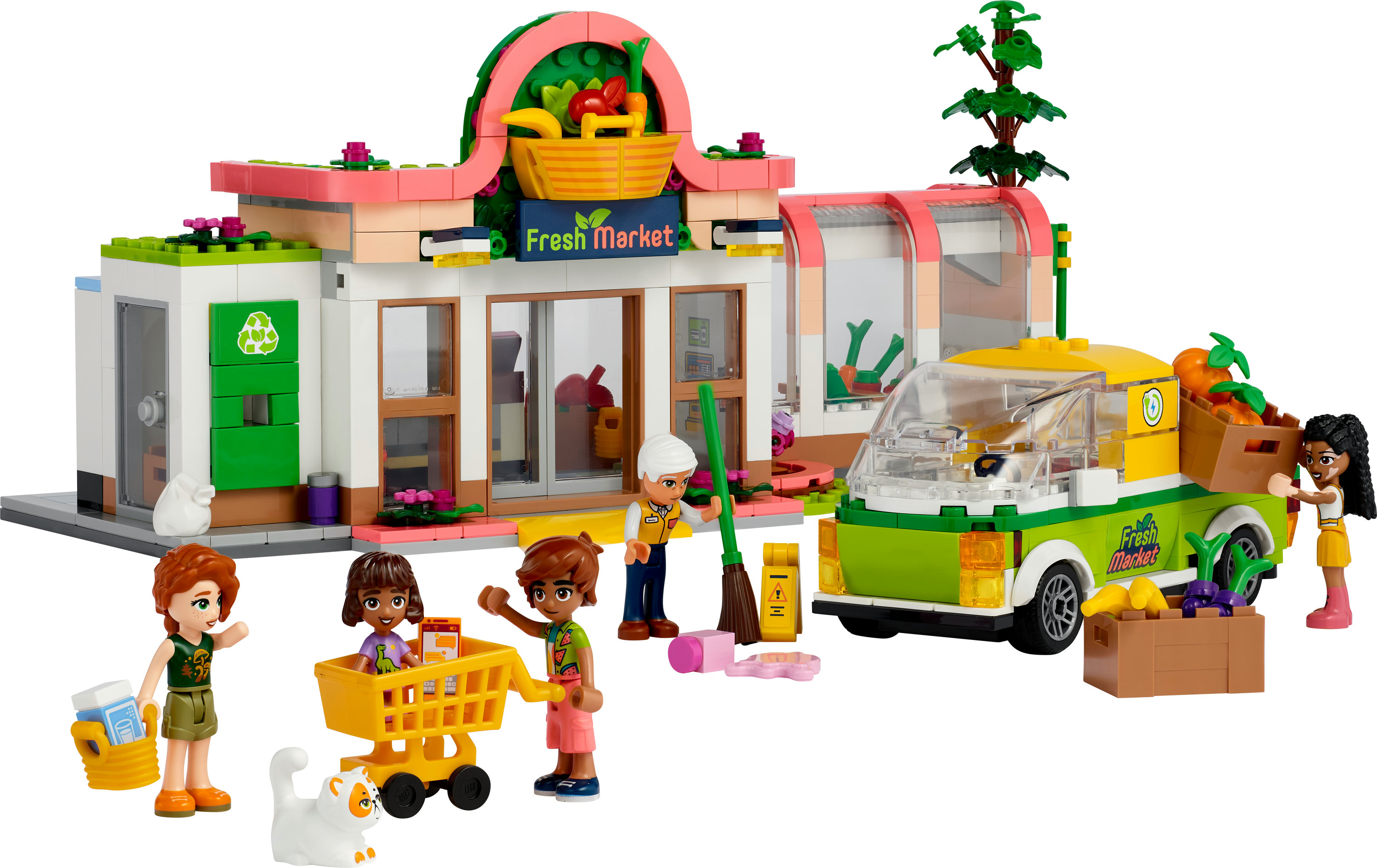 Lego Friends Fresh Market Szene mit Figuren, einem Lieferwagen und Marktartikeln.