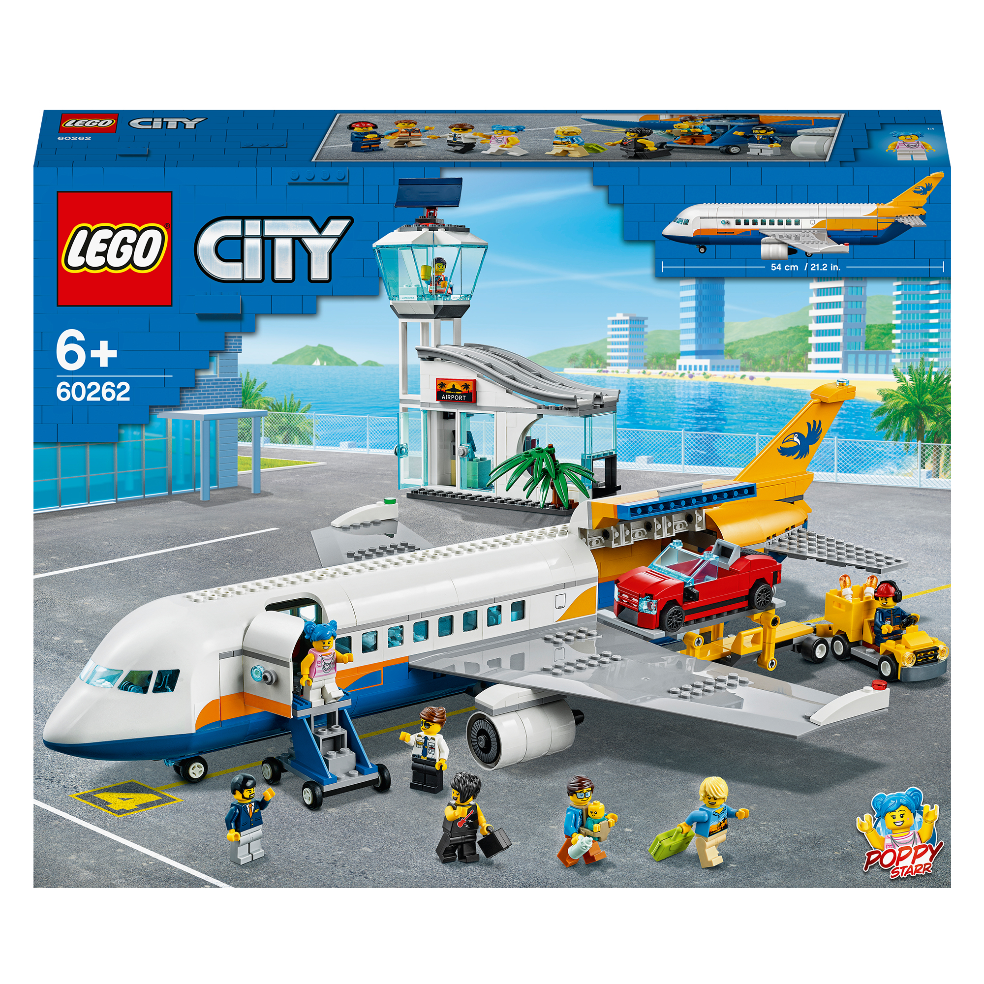 Pudełko zestawu Lego City Airport z modelem samolotu, wieżą kontrolną i figurkami.