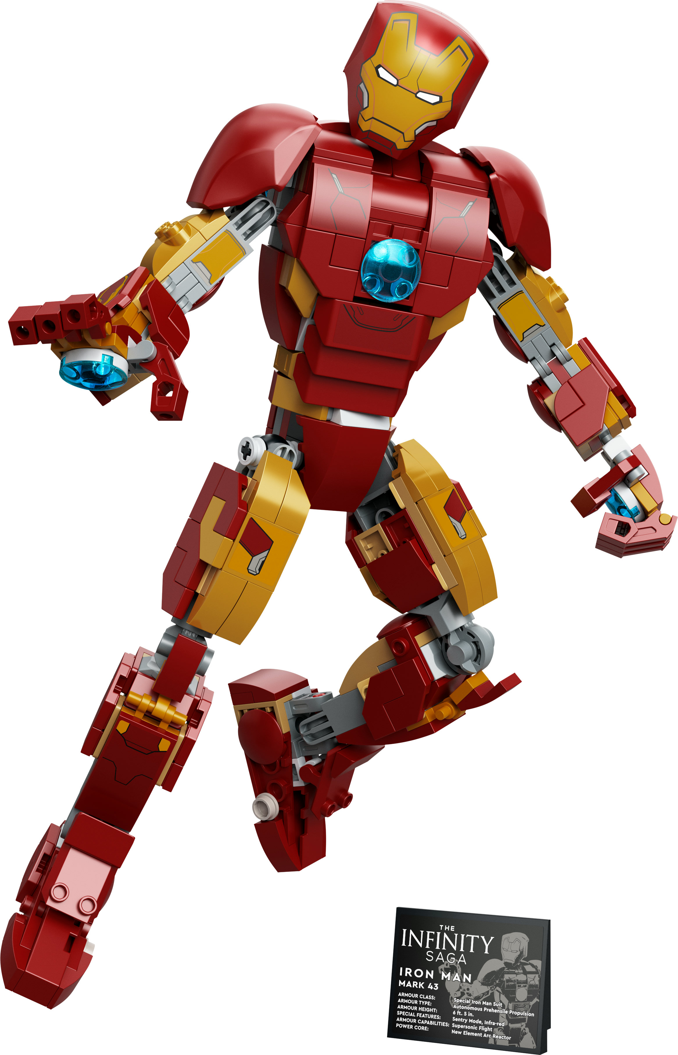 Figura Lego di Iron Man in posa dinamica, con una scatola espositiva che mostra i dettagli del personaggio e del set.