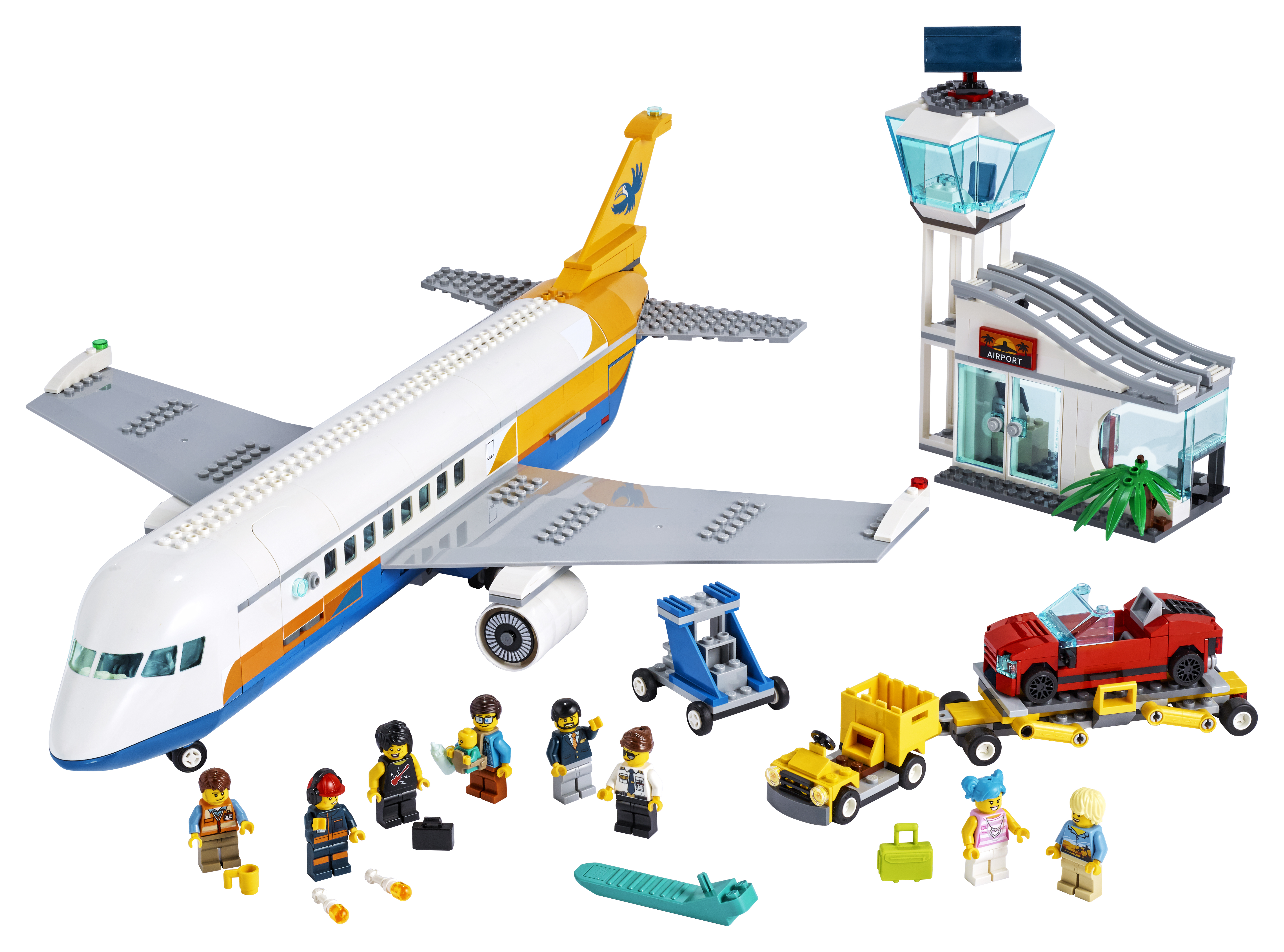 Zestaw lotniska Lego City z samolotem, wieżą kontrolną, pojazdami serwisowymi i minifigurkami.