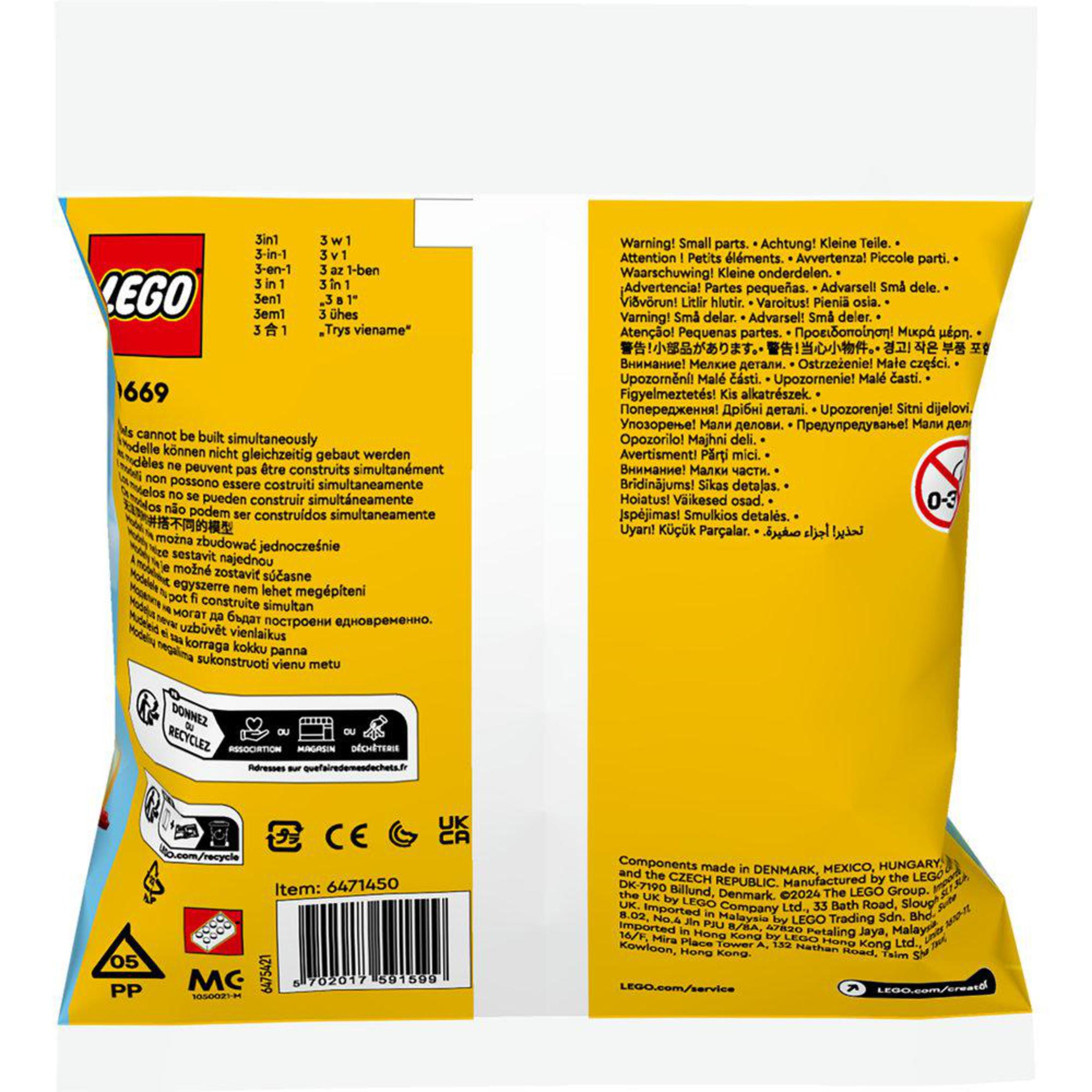 Uyarı etiketleri ve küçük parça bilgileri içeren bir LEGO seti ambalajı.