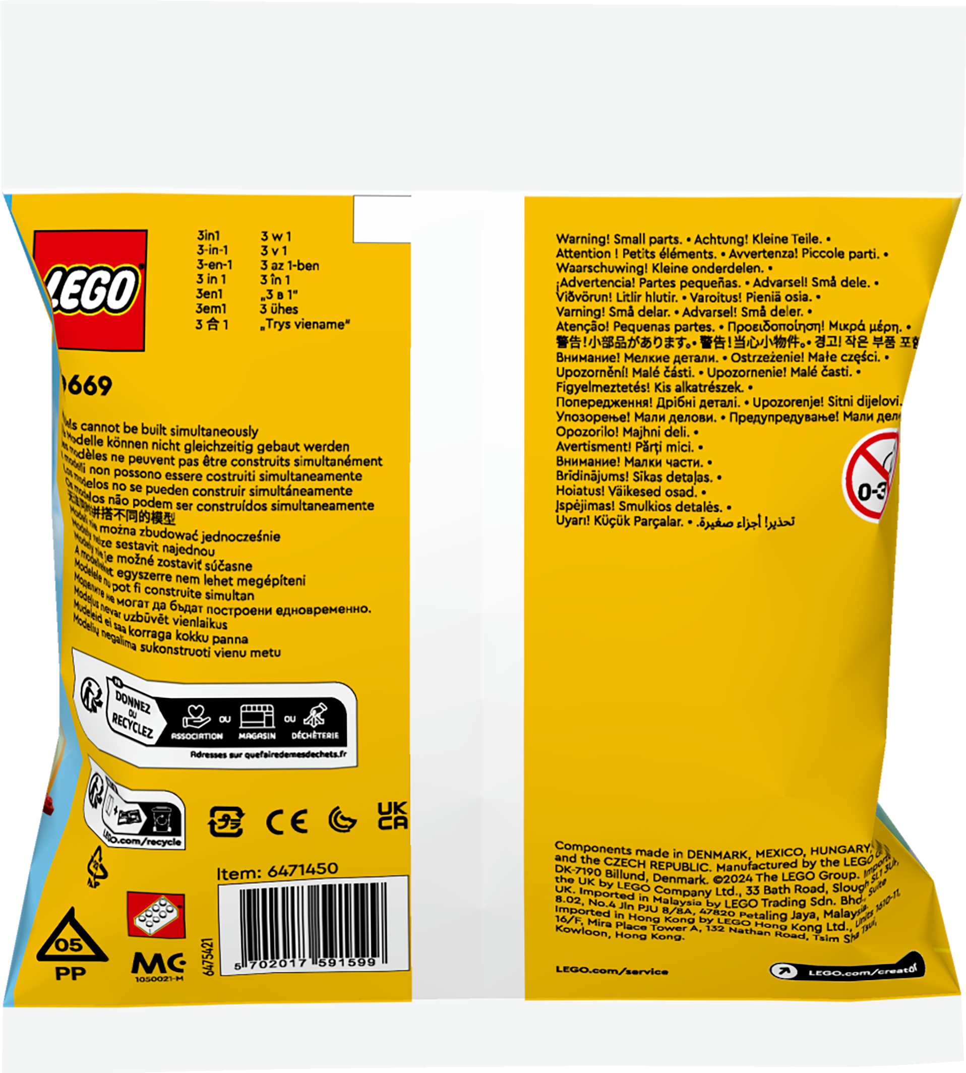 LEGO set poşeti: Bir poşetin arkasında çoklu dilde metin. Küçük parçalar ve uyarılar içerir.