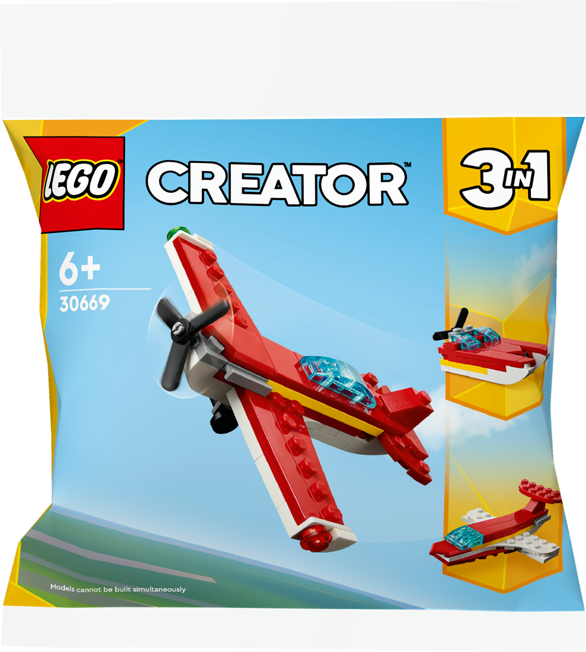 Lego Creator uçak seti. Paket üzerinde alternatif yapılarla kırmızı ve beyaz bir uçak.